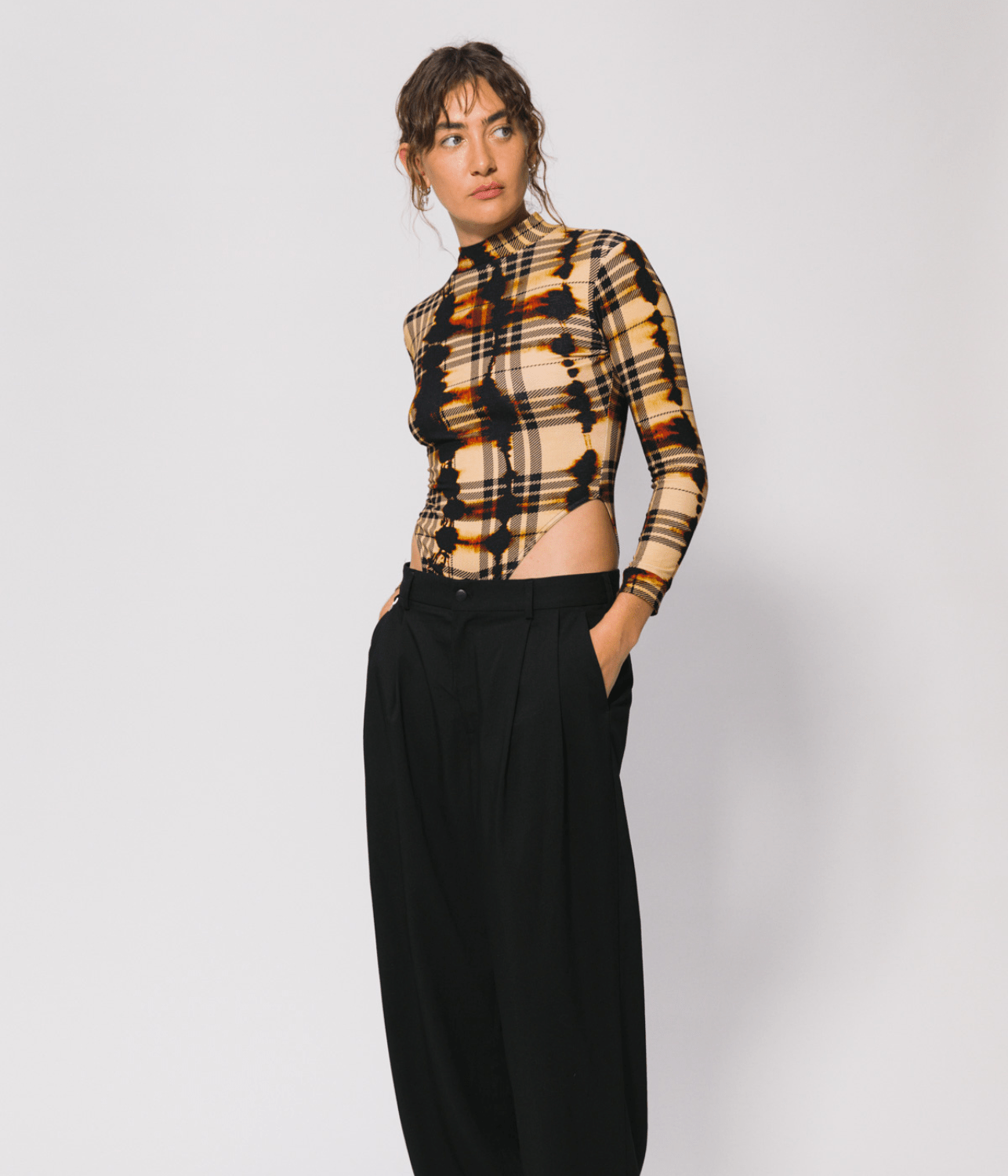 ABSTRACT PLAID LONG SLEEVE BODY SUIT | SOMETHING VERY SPECIAL SOMETHING VERY SPECIAL ABSTRACT PLAID LONG SLEEVE BODY SUIT