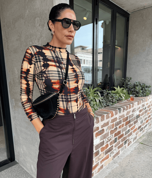 ABSTRACT PLAID LONG SLEEVE BODY SUIT | SOMETHING VERY SPECIAL SOMETHING VERY SPECIAL ABSTRACT PLAID LONG SLEEVE BODY SUIT