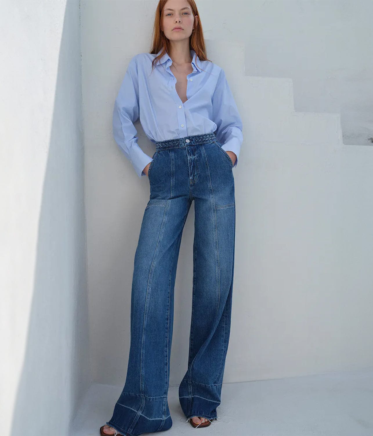 BRADIED WAISTBAND WIDE LEG JEANS- DEWDROP | FRAME |  FRAME BRADIED WAISTBAND WIDE LEG JEANS- DEWDROP