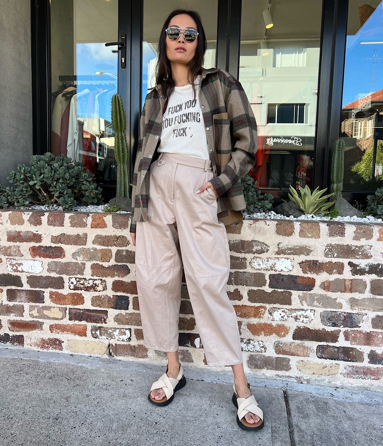 CHECK OVERSHIRT- CREAM/KHAKI | BASSIKE | BASSIKE CHECK OVERSHIRT- CREAM/KHAKI