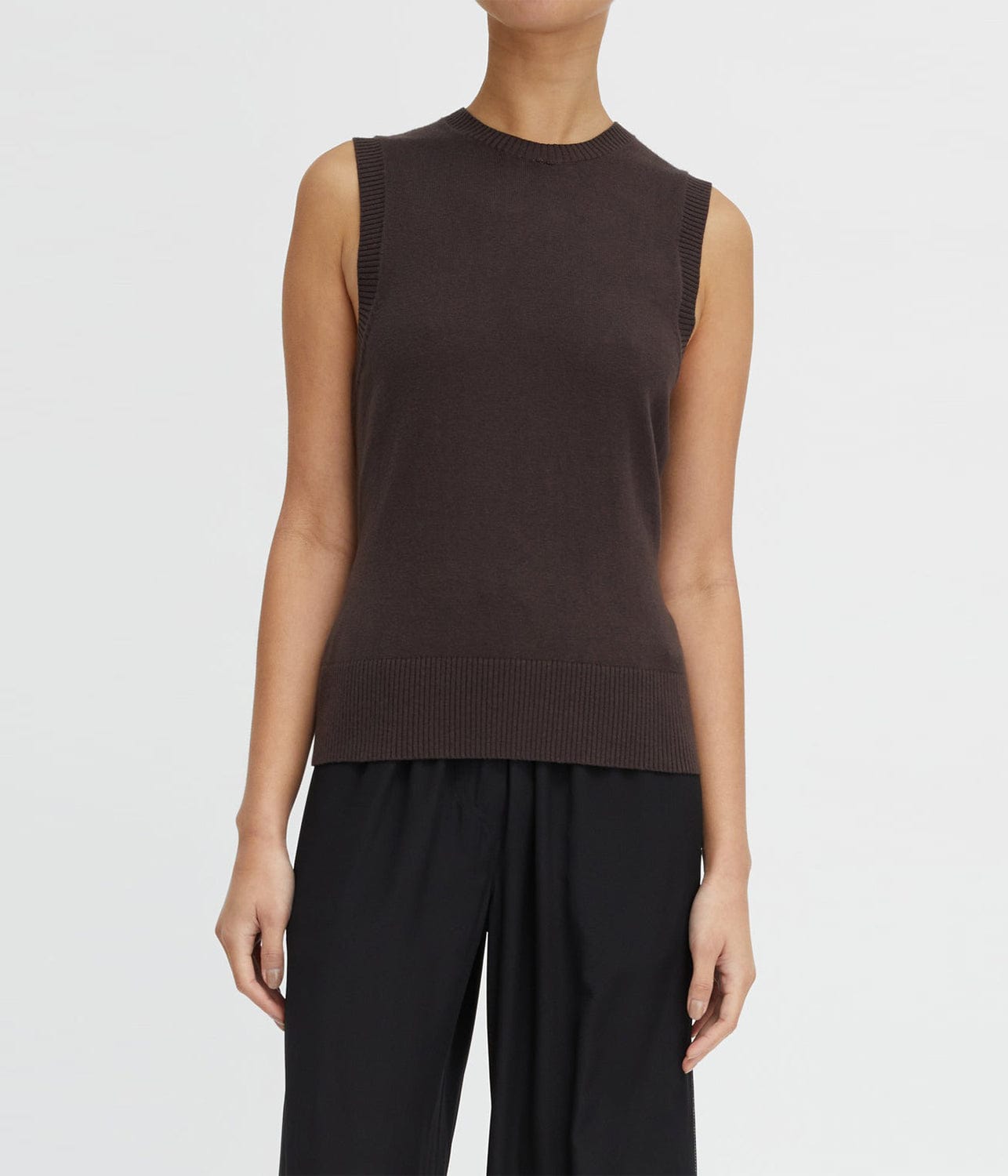 COTTON CASHMERE CREW NECK TANK- CHOCOLATE | LEE MATHEWS | LEE MATHEWS COTTON CASHMERE CREW NECK TANK- CHOCOLATE