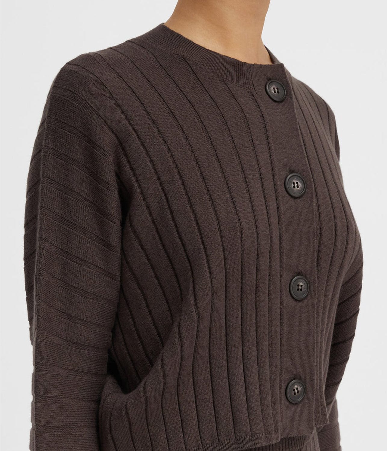 COTTON CASHMERE RIBBED CARDIGAN- CHOCOLATE | LEE MATHEWS | LEE MATHEWS COTTON CASHMERE RIBBED CARDIGAN- CHOCOLATE