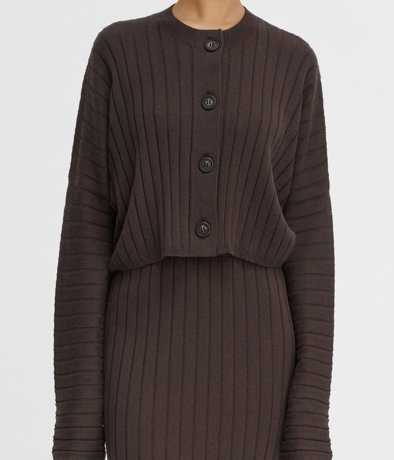 COTTON CASHMERE RIBBED CARDIGAN- CHOCOLATE | LEE MATHEWS | LEE MATHEWS COTTON CASHMERE RIBBED CARDIGAN- CHOCOLATE