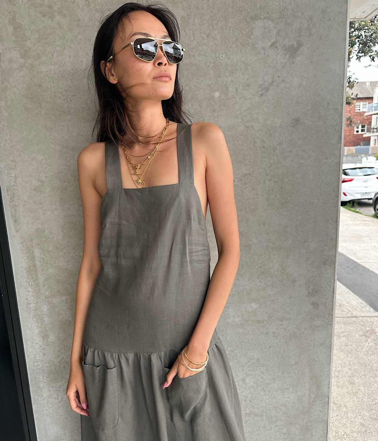 CROSS BACK DRESS- KHAKI | MATIN | MATIN CROSS BACK DRESS- KHAKI
