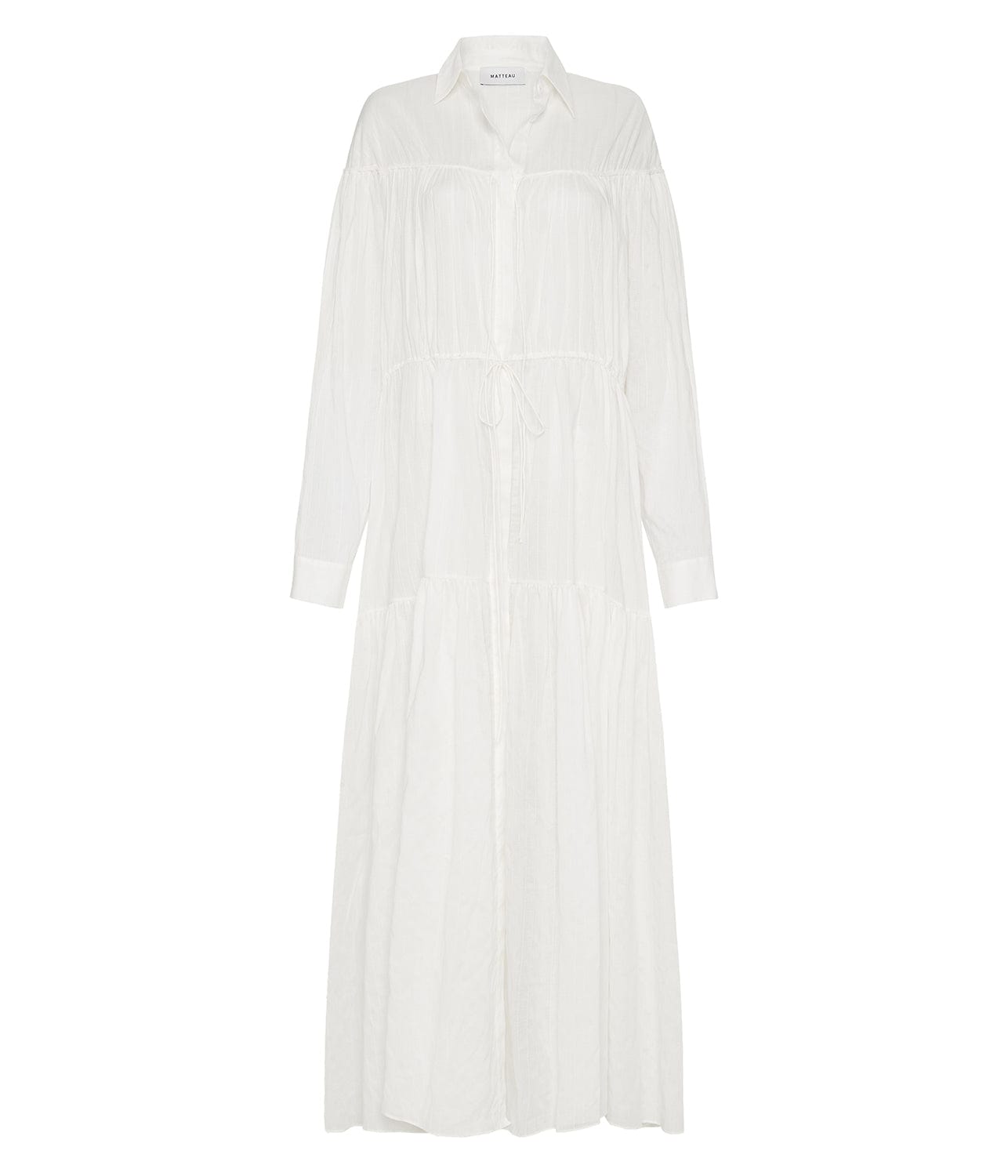 EMBROIDERED TIERED DRAWCORD DRESS- WHITE | MATTEAU | MATTEAU EMBROIDERED TIERED DRAWCORD DRESS- WHITE