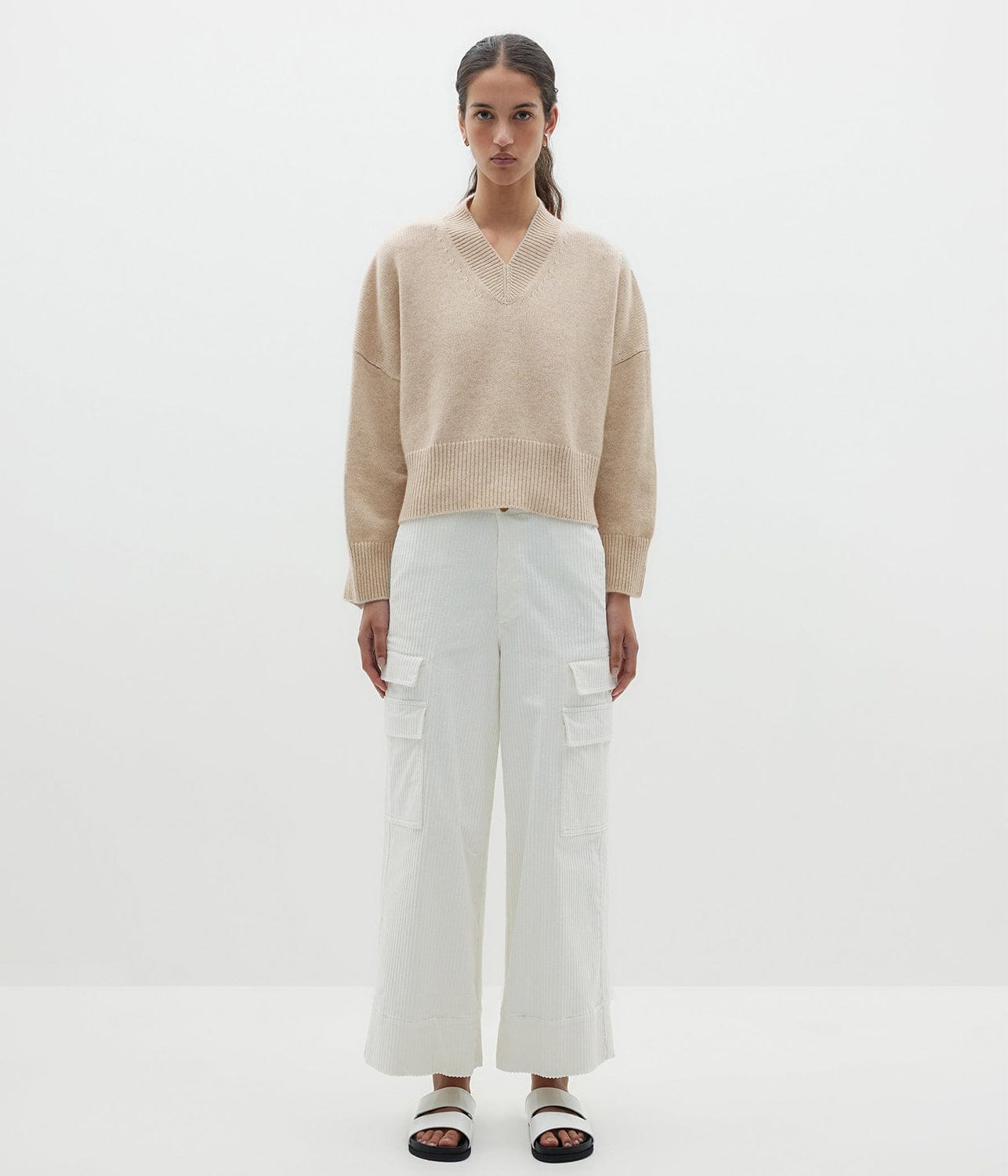 HIGH V BOXY WOOL CASHMERE KNIT- OATMEAL | BASSIKE | Bassike HIGH V BOXY WOOL CASHMERE KNIT- OATMEAL