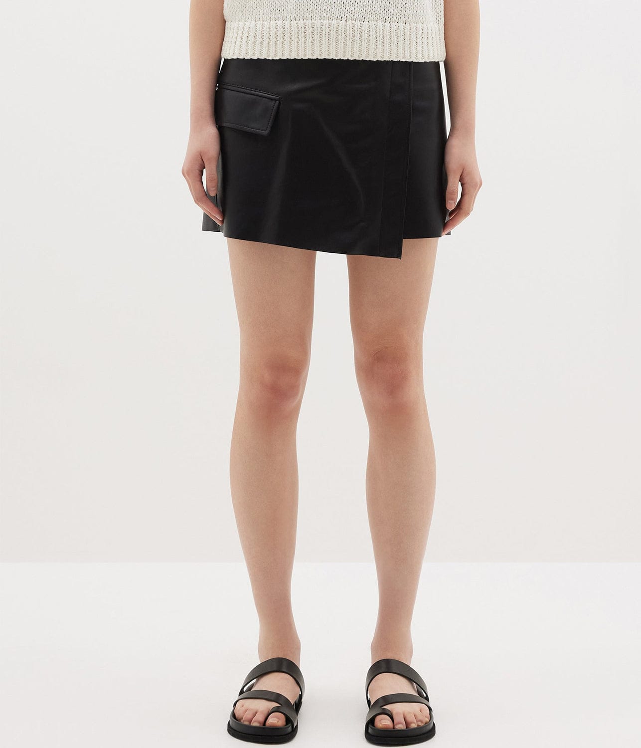 LEATHER WRAP MINI SKIRT- BLACK | BASSIKE | Bassike LEATHER WRAP MINI SKIRT- BLACK