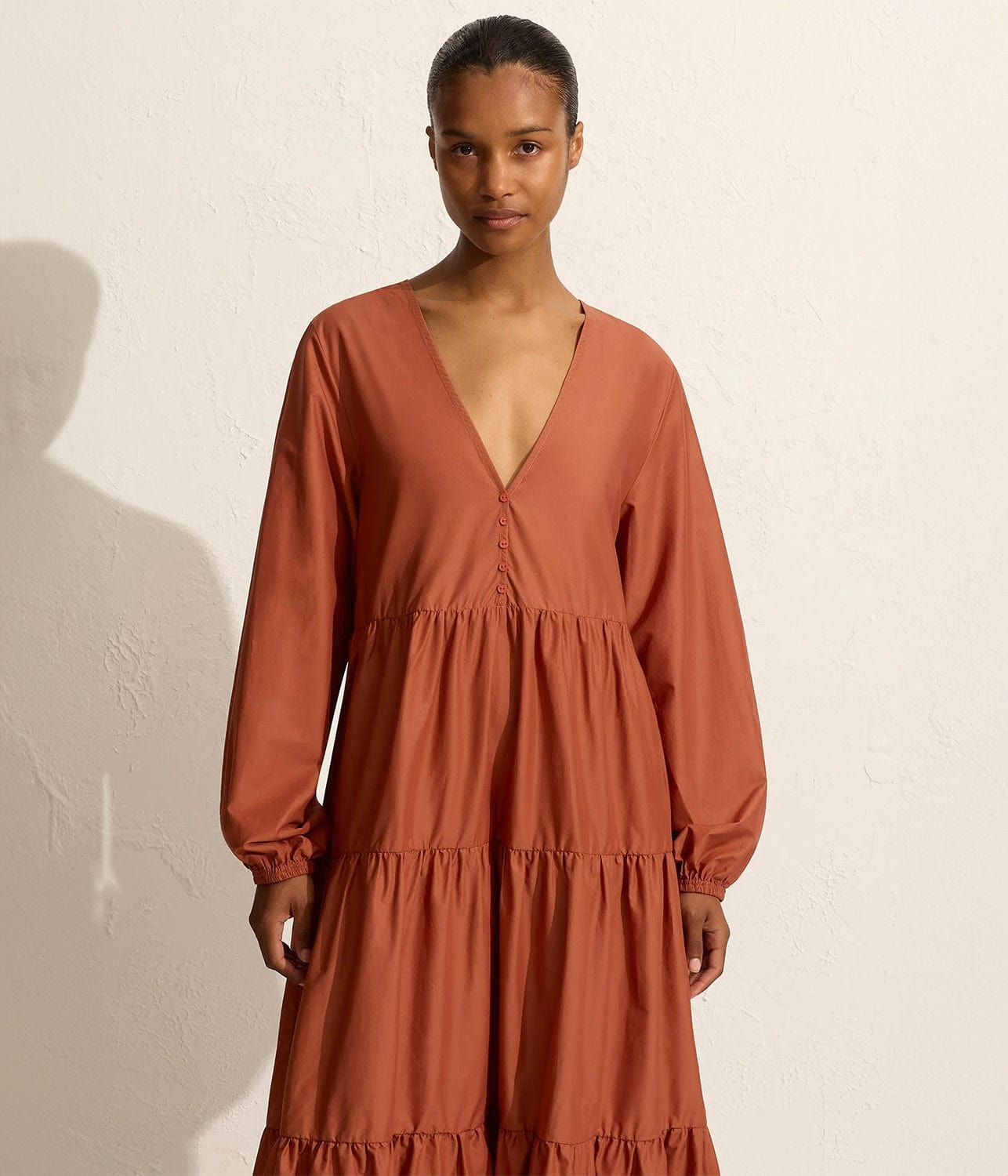 LONG SLEEVE PLUNGE DRESS- SIENNA | MATTEAU |  MATTEAU LONG SLEEVE PLUNGE DRESS- SIENNA