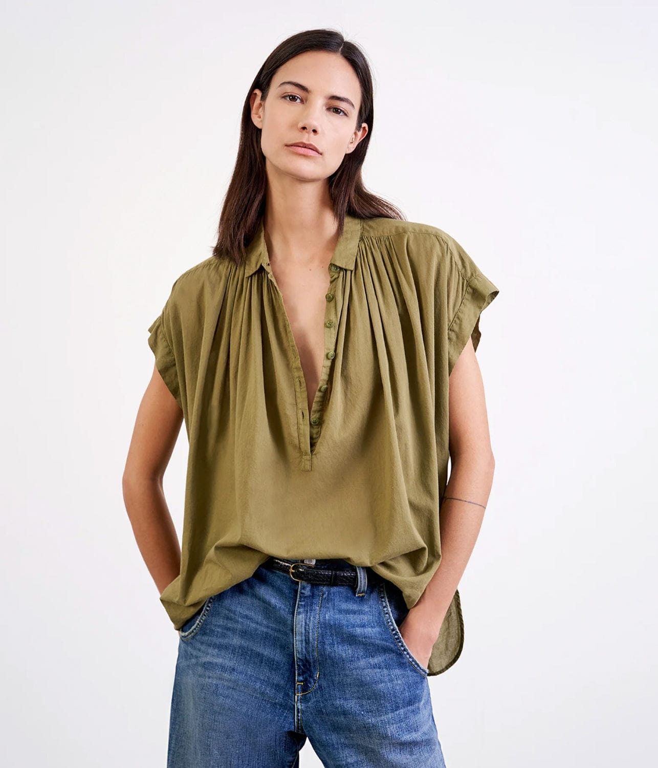 NORMANDY BLOUSE- OLIVE | NILI LOTAN | NILI LOTAN NORMANDY BLOUSE- OLIVE