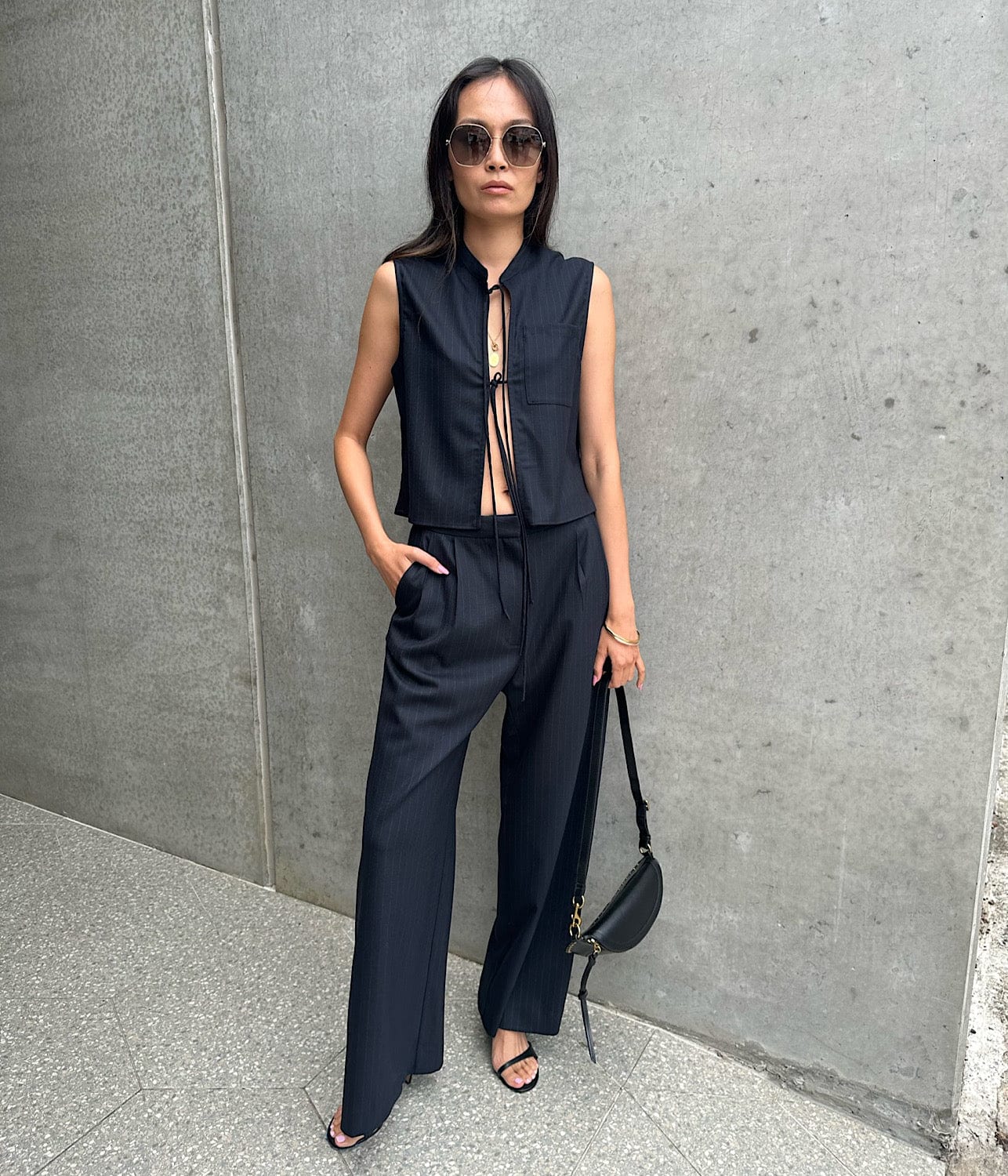 PINSTRIPE TIE-UP TOP- BLACK | MATIN | MATIN PINSTRIPE TIE-UP TOP- BLACK
