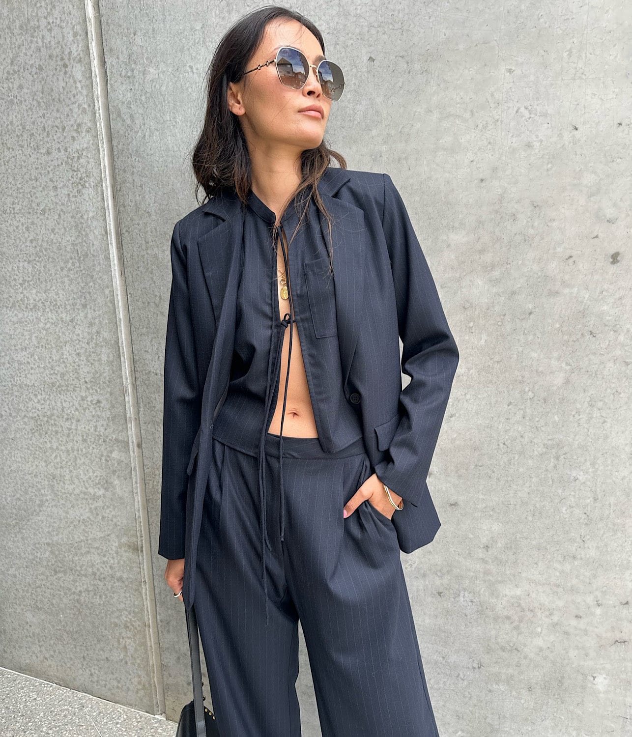 PINSTRIPE TIE-UP TOP- BLACK | MATIN | MATIN PINSTRIPE TIE-UP TOP- BLACK