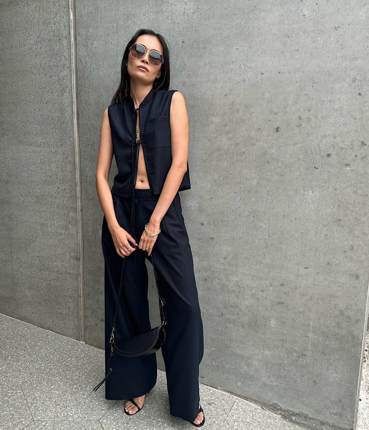 PINSTRIPE TIE-UP TOP- BLACK | MATIN | MATIN PINSTRIPE TIE-UP TOP- BLACK