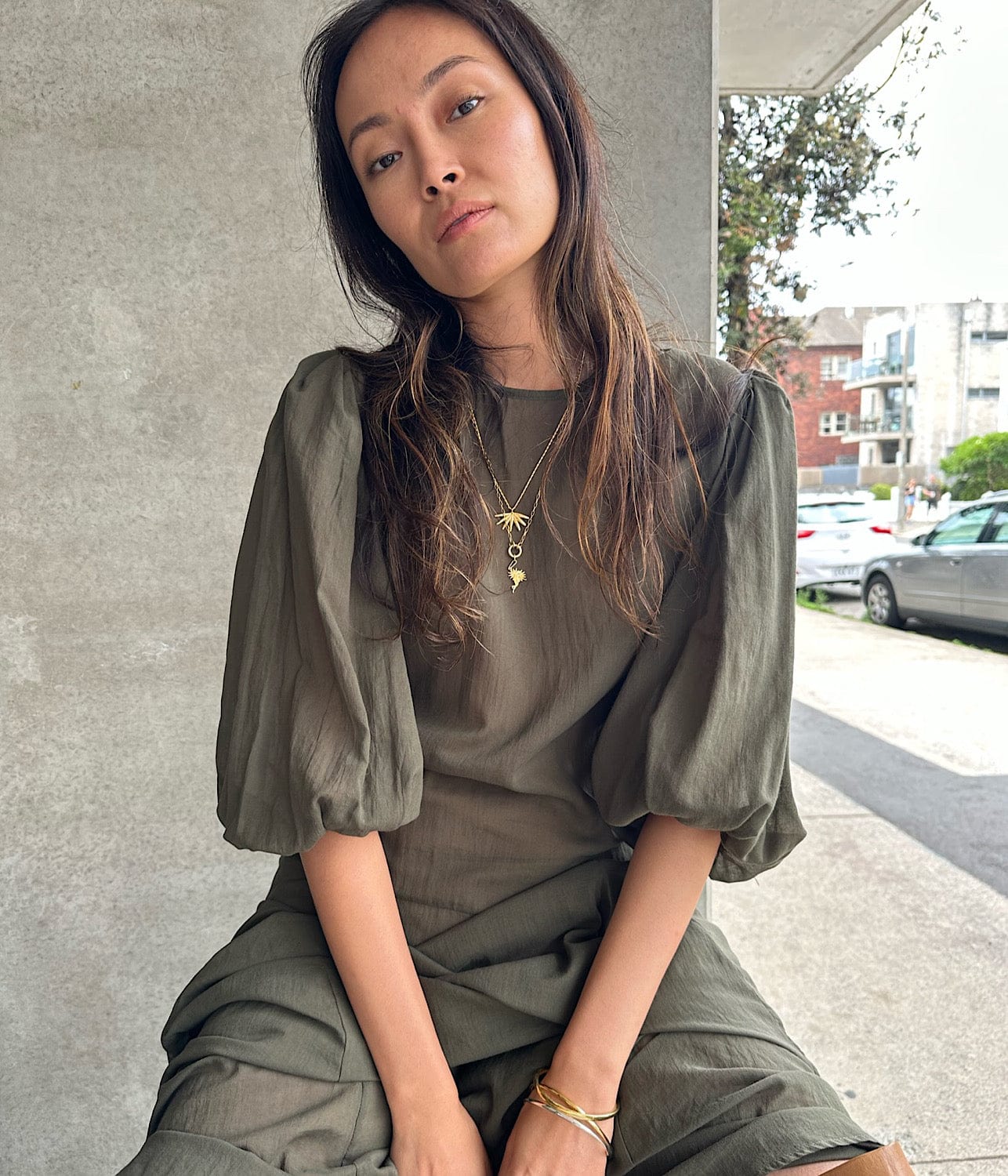 PLEAT SLEEVE DRESS- KHAKI | MATIN | MATIN PLEAT SLEEVE DRESS- KHAKI
