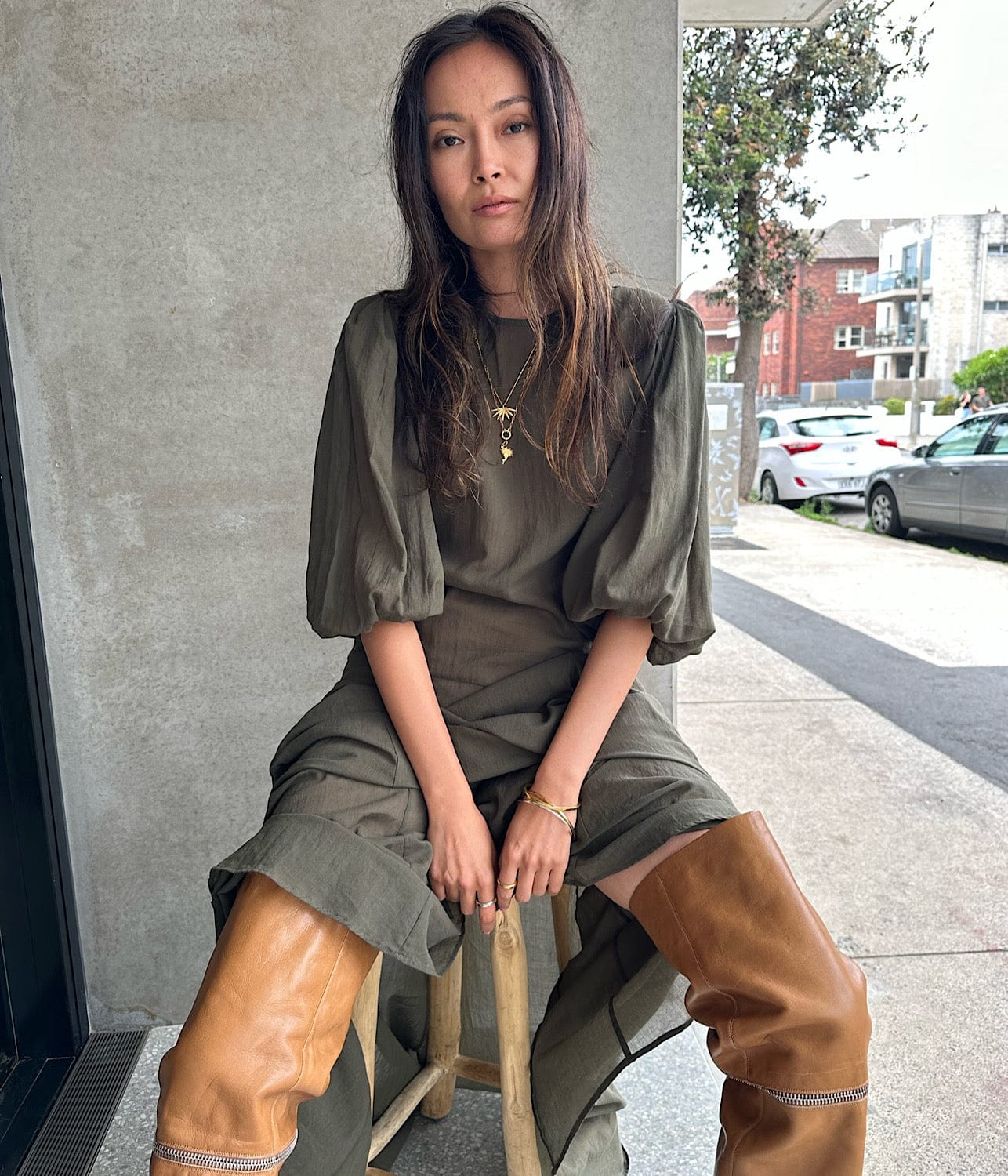 PLEAT SLEEVE DRESS- KHAKI | MATIN | MATIN PLEAT SLEEVE DRESS- KHAKI