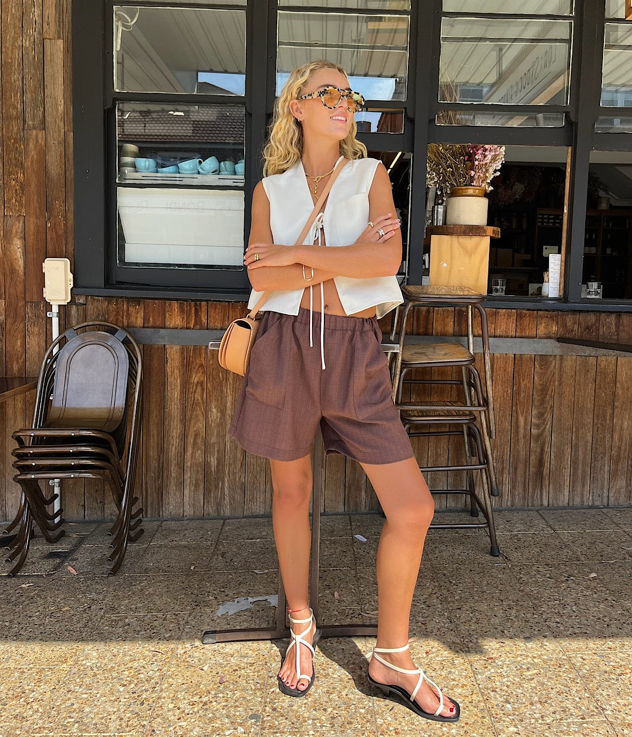 PULL ON SHORTS- BROWN PINSTRIPE | MATIN |  MATIN PULL ON SHORTS- BROWN PINSTRIPE