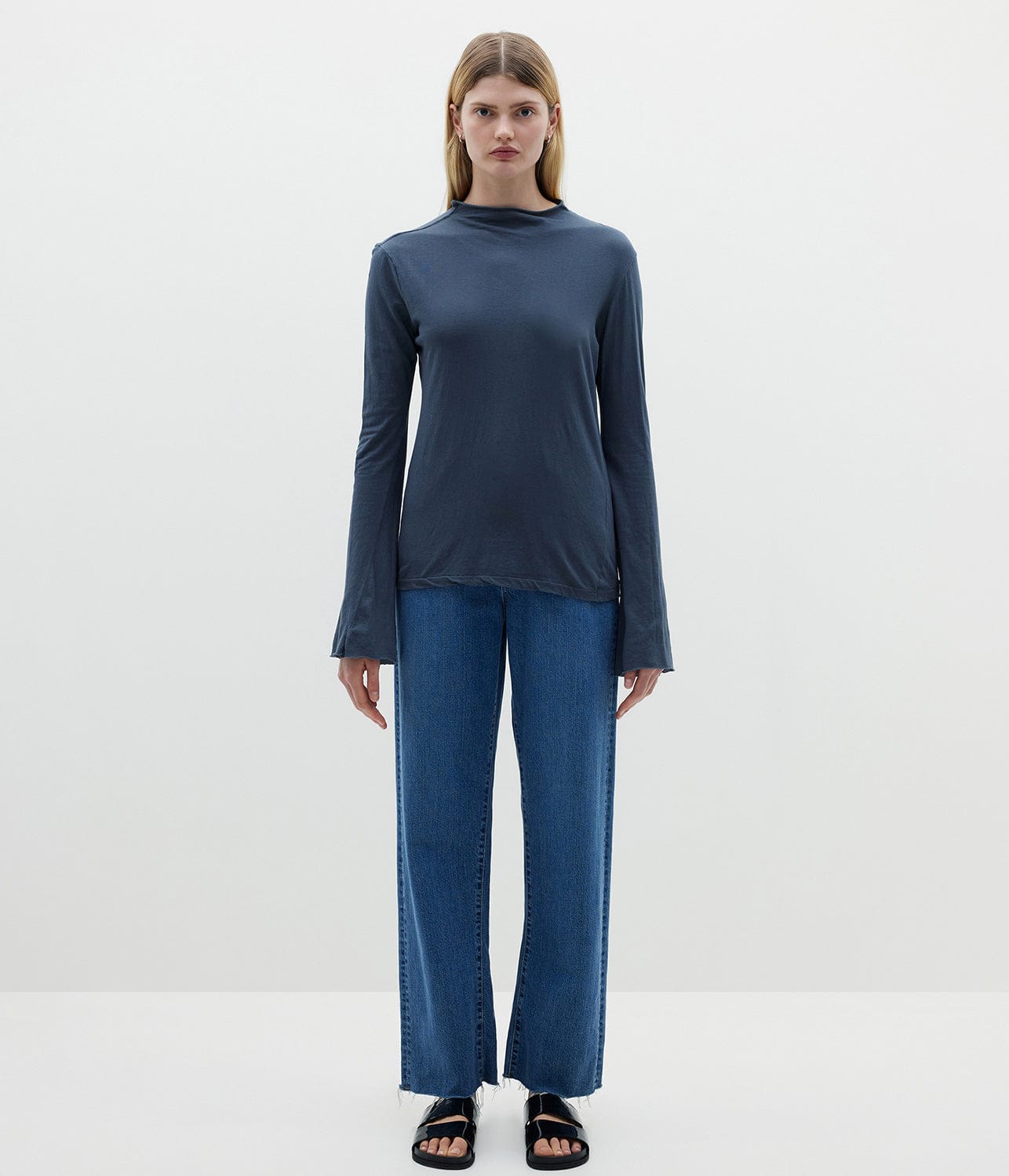 RAISED NECK LONG SLEEVE TEE-WASHED NAVY | BASSIKE | Bassike RAISED NECK LONG SLEEVE TEE-WASHED NAVY
