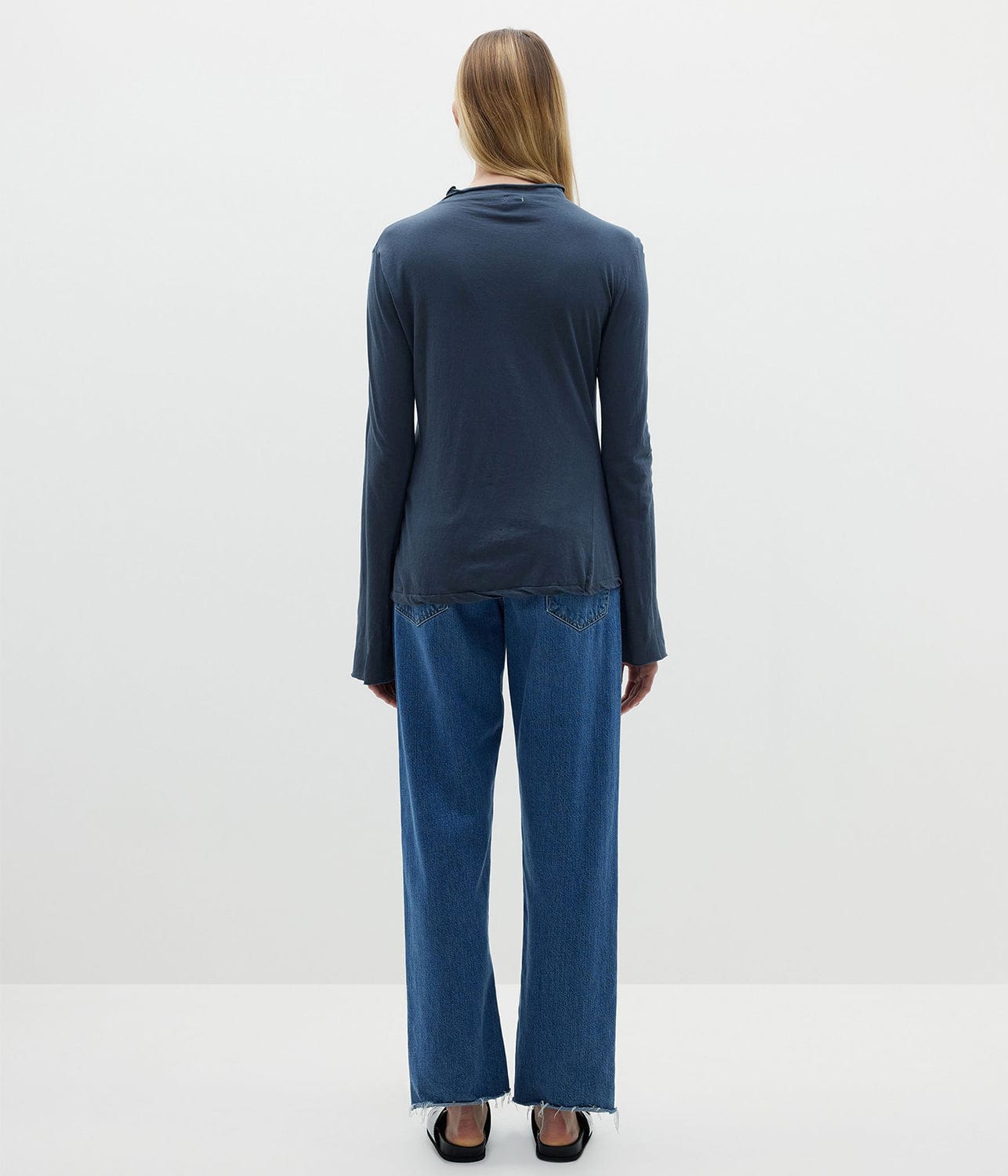 RAISED NECK LONG SLEEVE TEE-WASHED NAVY | BASSIKE | Bassike RAISED NECK LONG SLEEVE TEE-WASHED NAVY