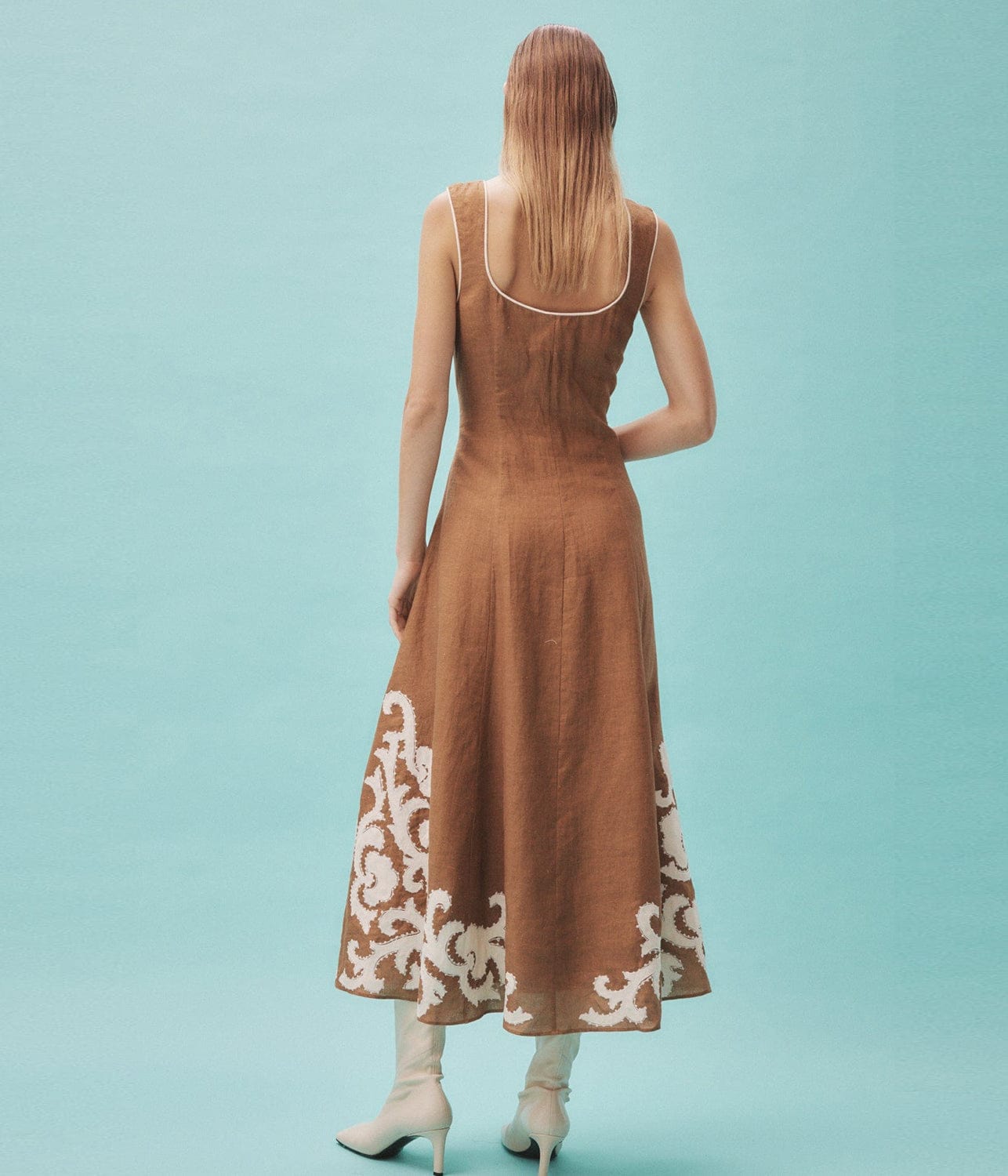 RUBY APPLIQUE MIDI DRESS- BROWN | ALEMAIS | ALEMAIS RUBY APPLIQUE MIDI DRESS- BROWN