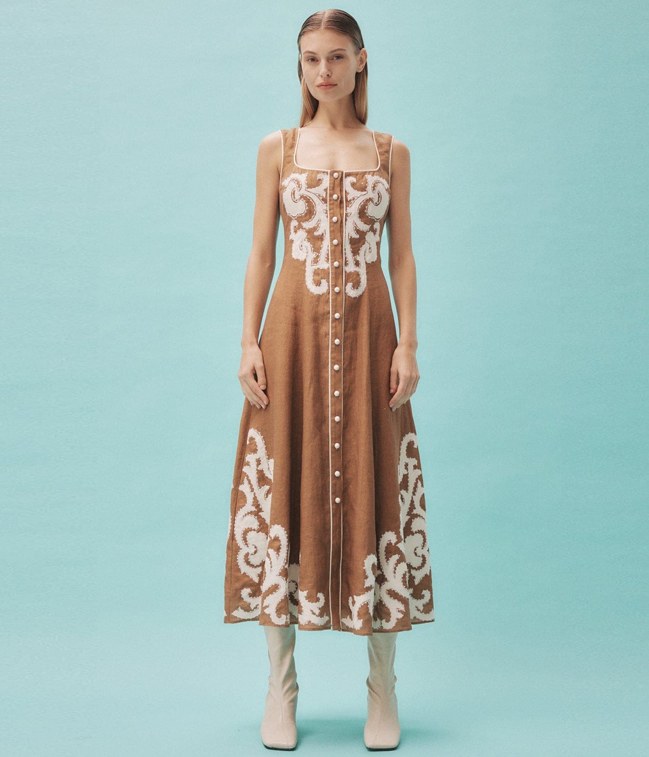 RUBY APPLIQUE MIDI DRESS- BROWN | ALEMAIS | ALEMAIS RUBY APPLIQUE MIDI DRESS- BROWN