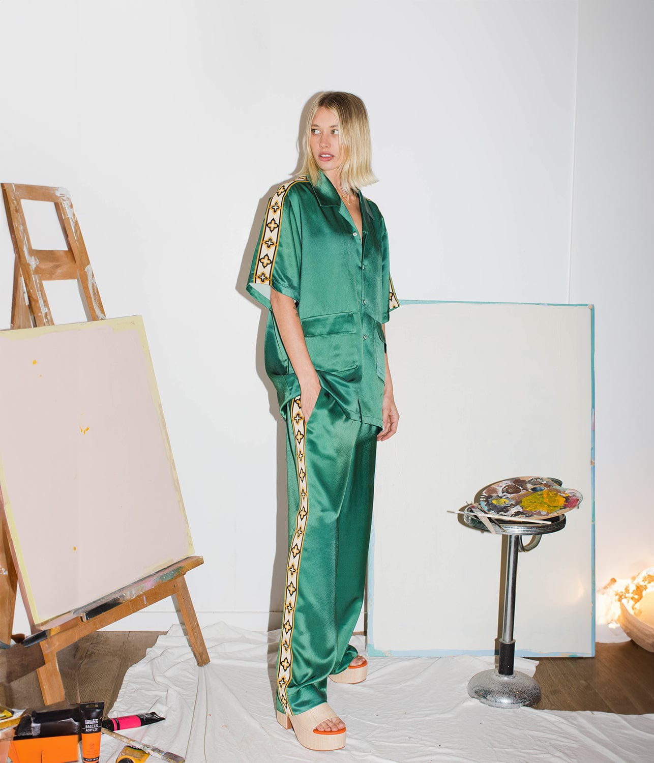 SATIN UTILITY SHIRT- GREEN | SOMETHING VERY SPECIAL | SOMETHING VERY SPECIAL SATIN UTILITY SHIRT- GREEN