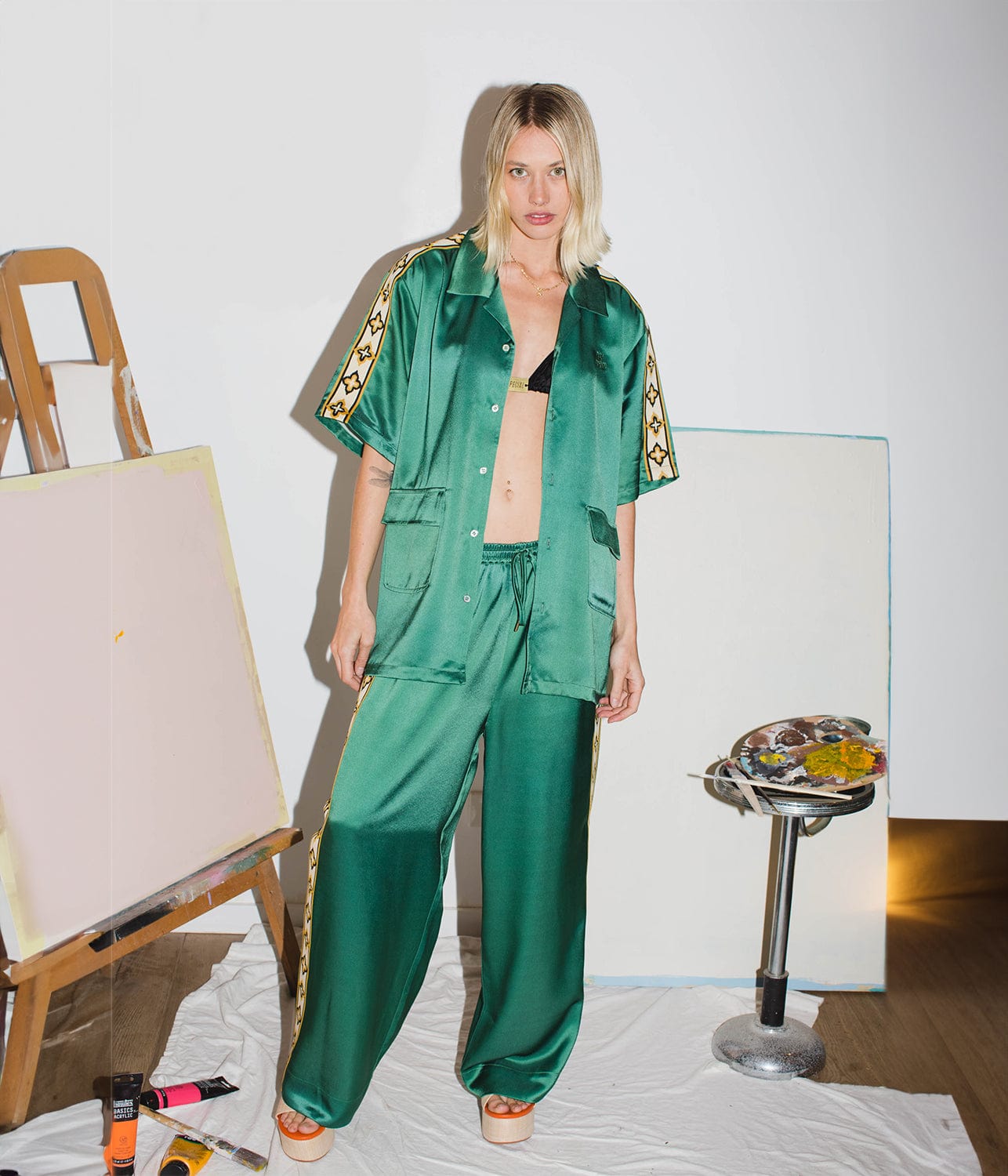 SATIN UTILITY SHIRT- GREEN | SOMETHING VERY SPECIAL | SOMETHING VERY SPECIAL SATIN UTILITY SHIRT- GREEN