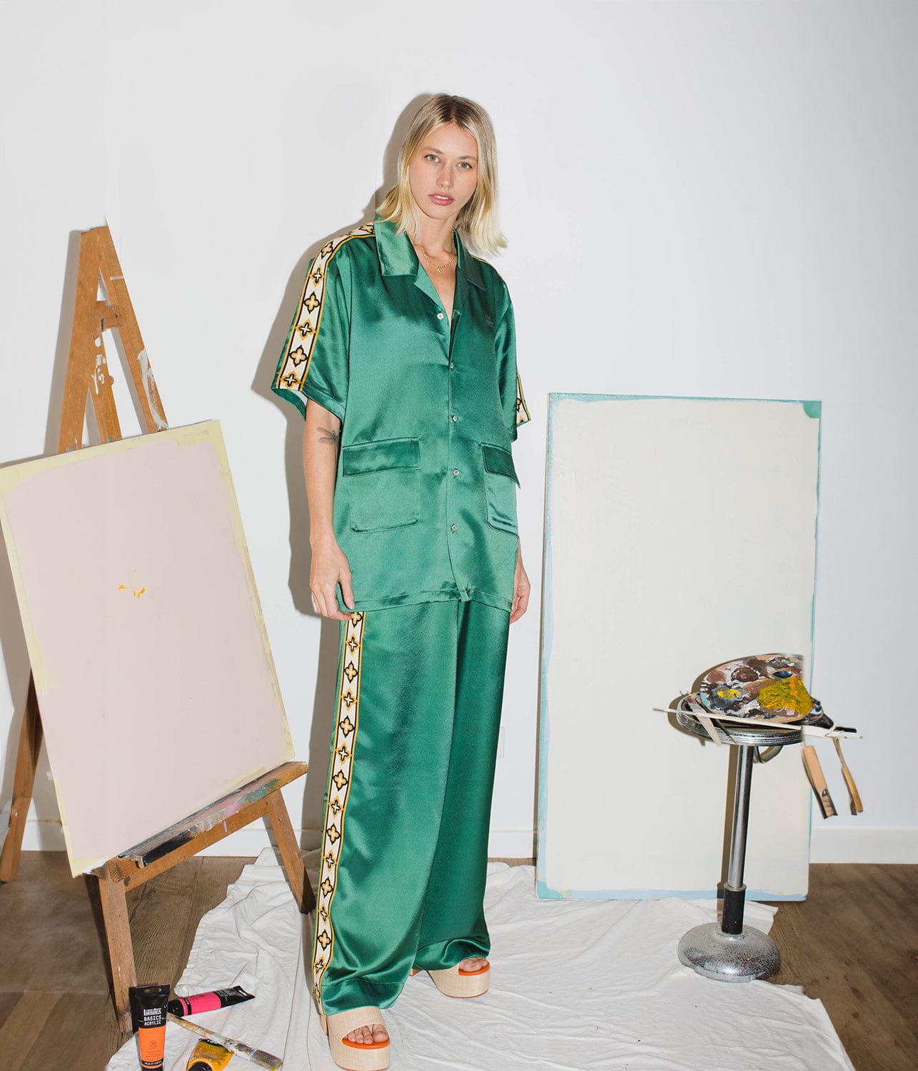 SATIN UTILITY SHIRT- GREEN | SOMETHING VERY SPECIAL | SOMETHING VERY SPECIAL SATIN UTILITY SHIRT- GREEN