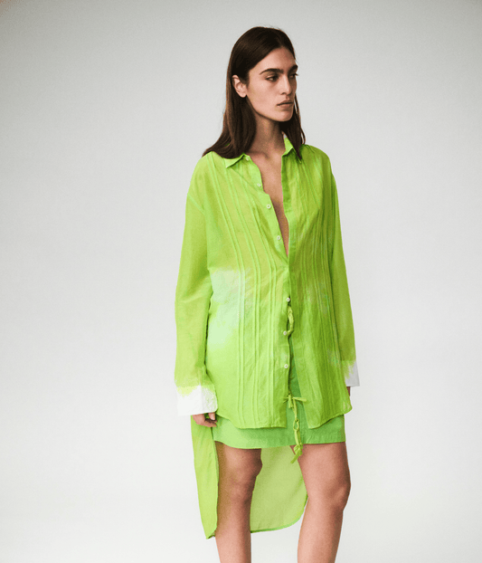 SILK COTTON PLEAT SHIRT DRESS PARAKEET | LUUDA LUUDA SILK COTTON PLEAT SHIRT DRESS PARAKEET