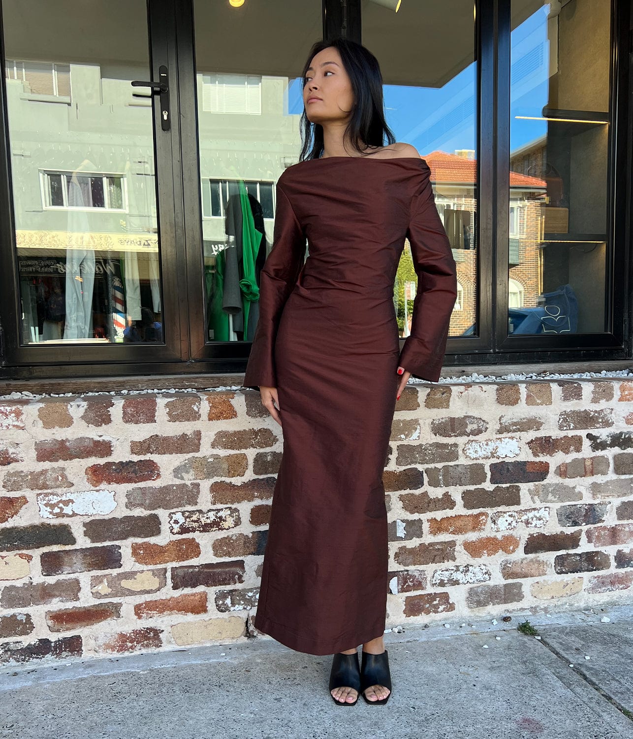 SILK OFF THE SHOULDER DRESS-CHOCOLATE | BEARE PARK | BEARE PARK SILK OFF THE SHOULDER DRESS-CHOCOLATE