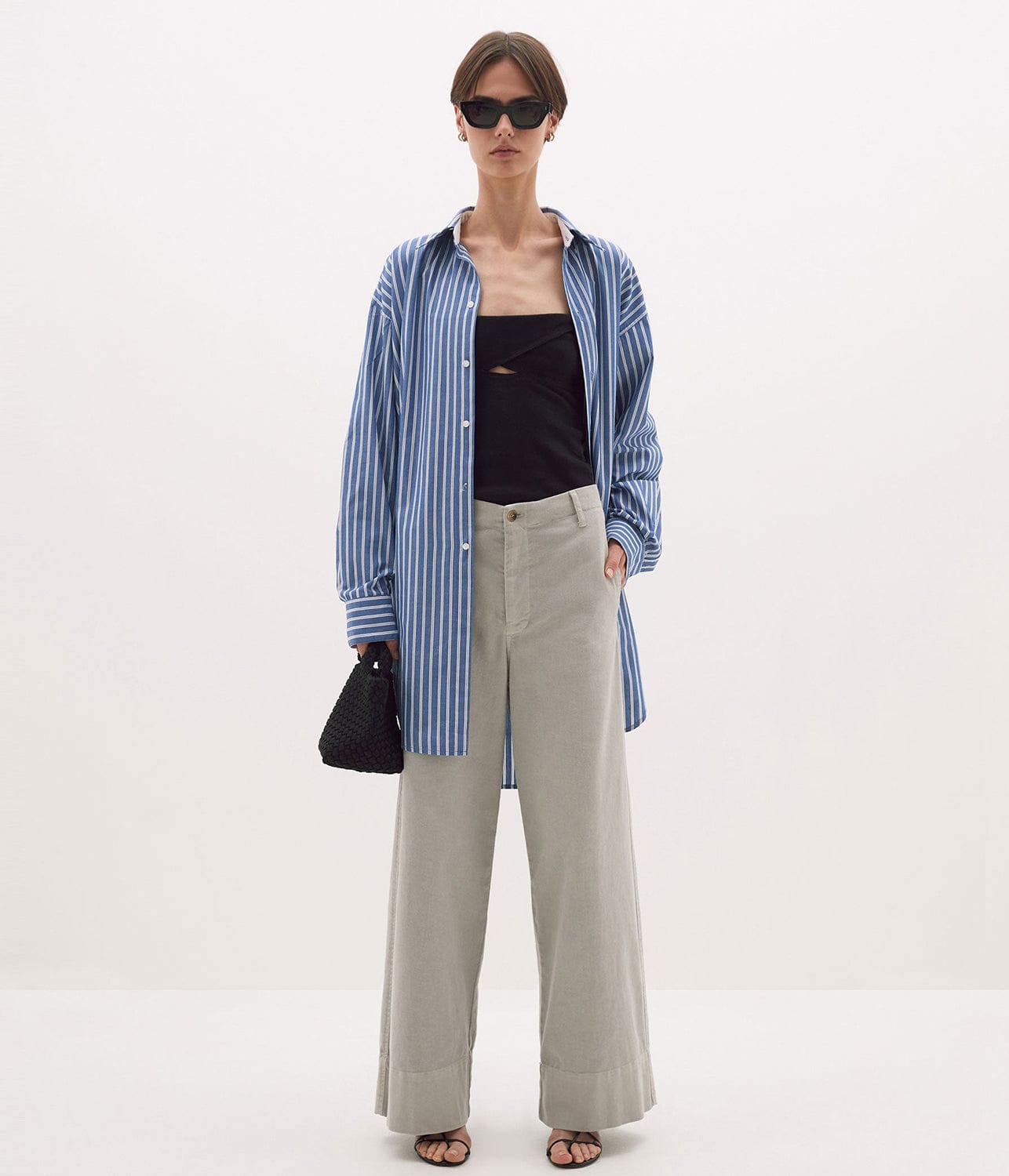 STRIPE SCOOP HEM SHIRT-DENIM/WHITE | BASSIKE | Bassike STRIPE SCOOP HEM SHIRT-DENIM/WHITE