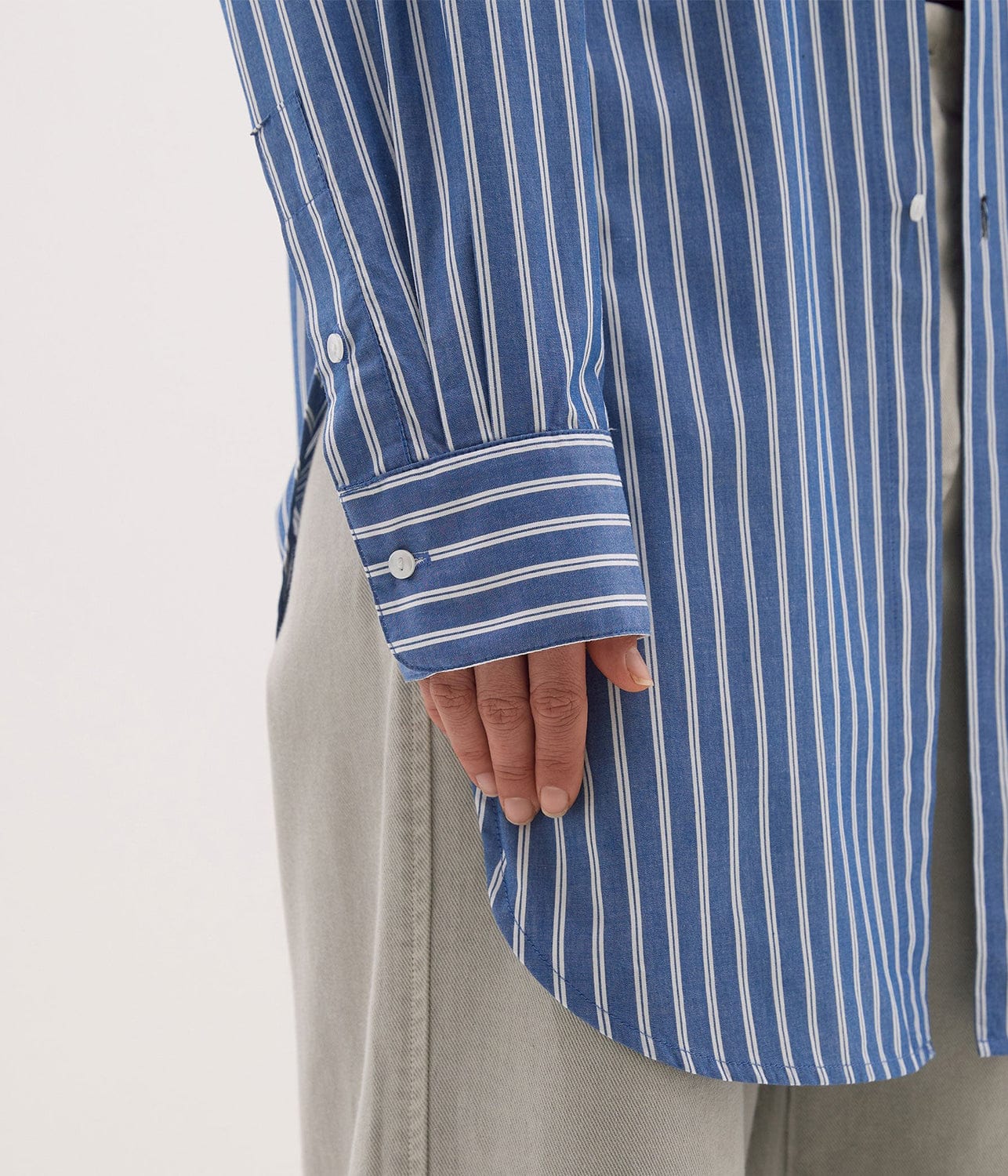 STRIPE SCOOP HEM SHIRT-DENIM/WHITE | BASSIKE | Bassike STRIPE SCOOP HEM SHIRT-DENIM/WHITE