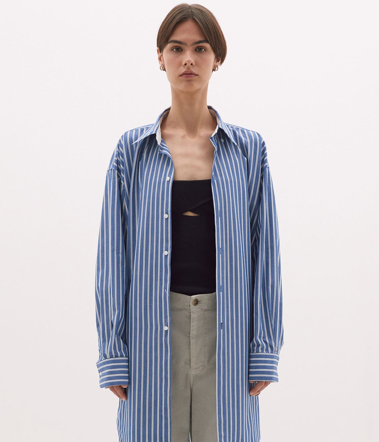 STRIPE SCOOP HEM SHIRT-DENIM/WHITE | BASSIKE | Bassike STRIPE SCOOP HEM SHIRT-DENIM/WHITE