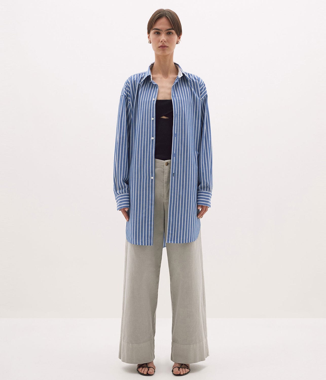 STRIPE SCOOP HEM SHIRT-DENIM/WHITE | BASSIKE | Bassike STRIPE SCOOP HEM SHIRT-DENIM/WHITE