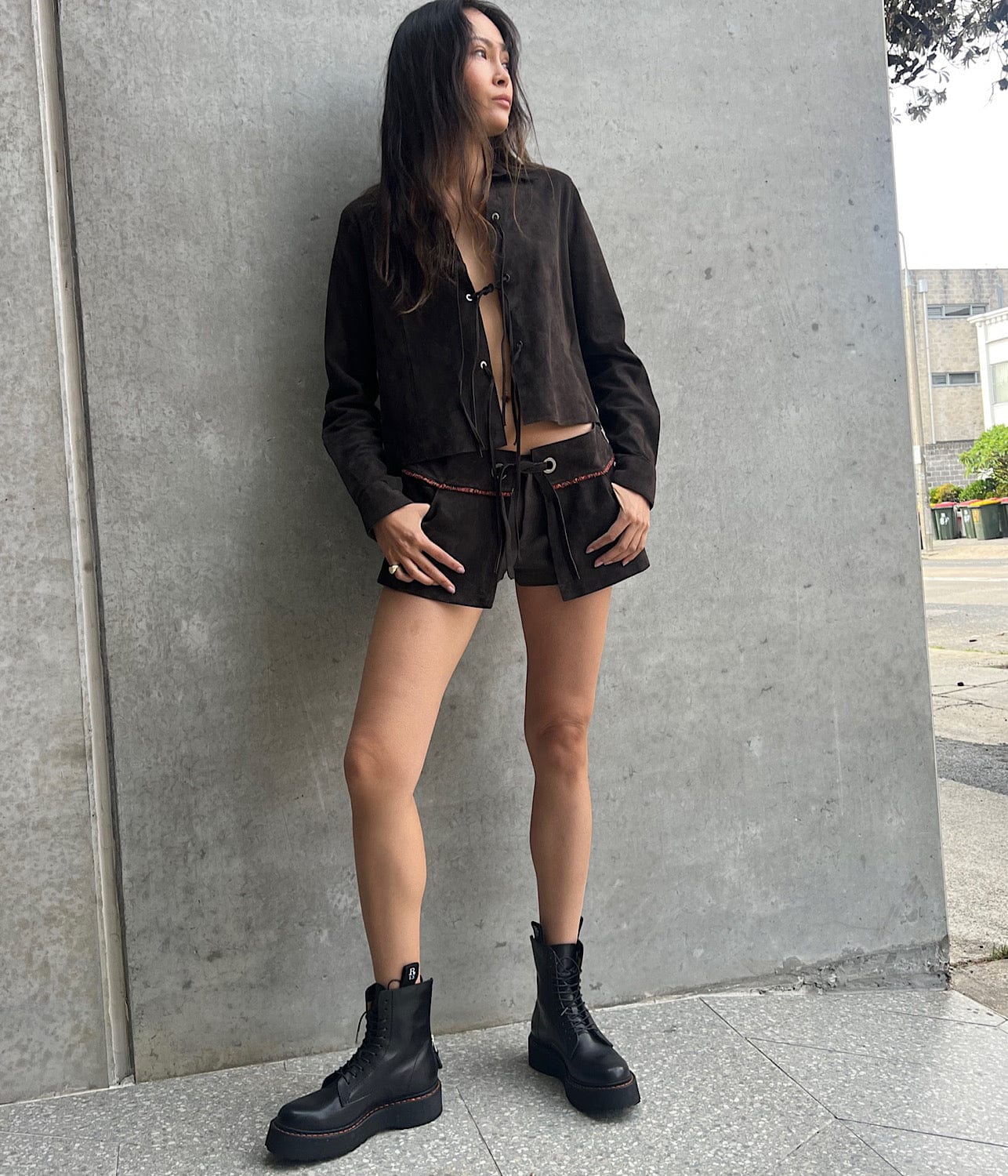 TRIO MINI SHORTS- BROWN SUEDE | ANIM | ANIM TRIO MINI SHORTS- BROWN SUEDE