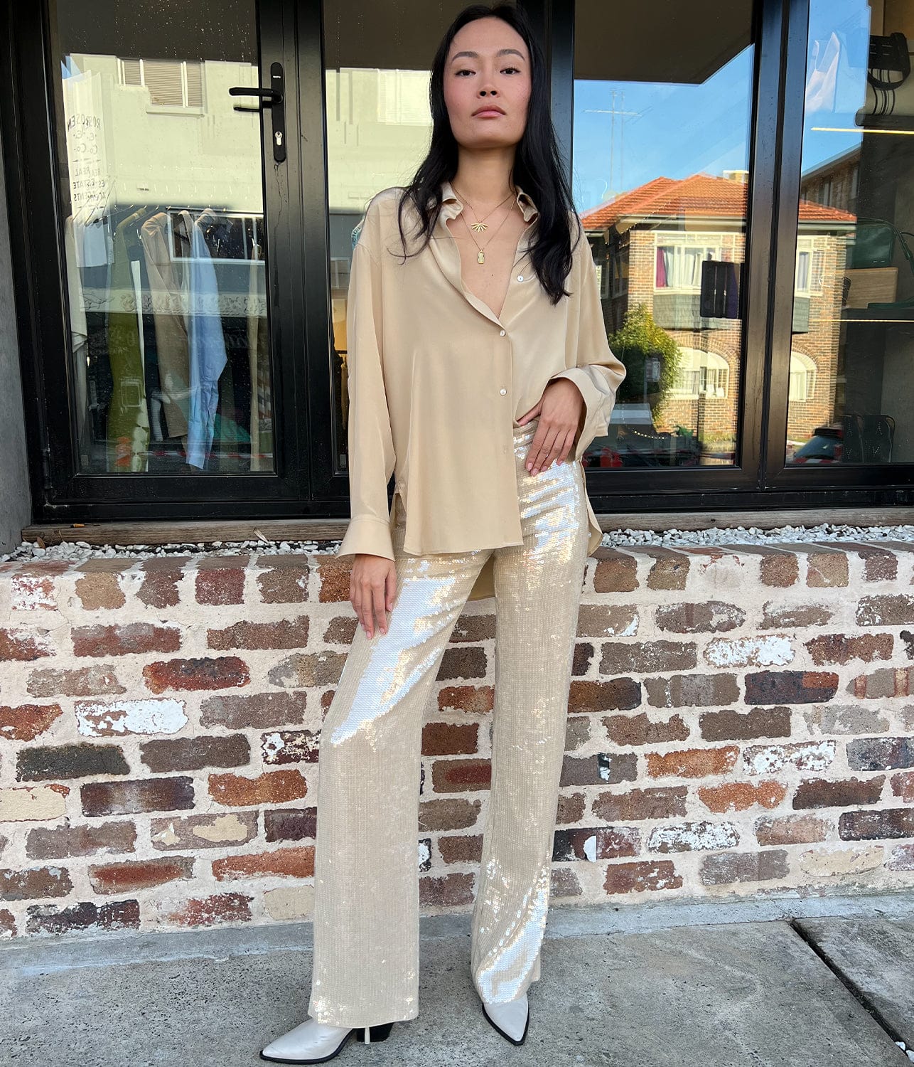 YSEULT SEQUIN PANT- KHAKI | NILI LOTAN | NILI LOTAN YSEULT SEQUIN PANT- KHAKI