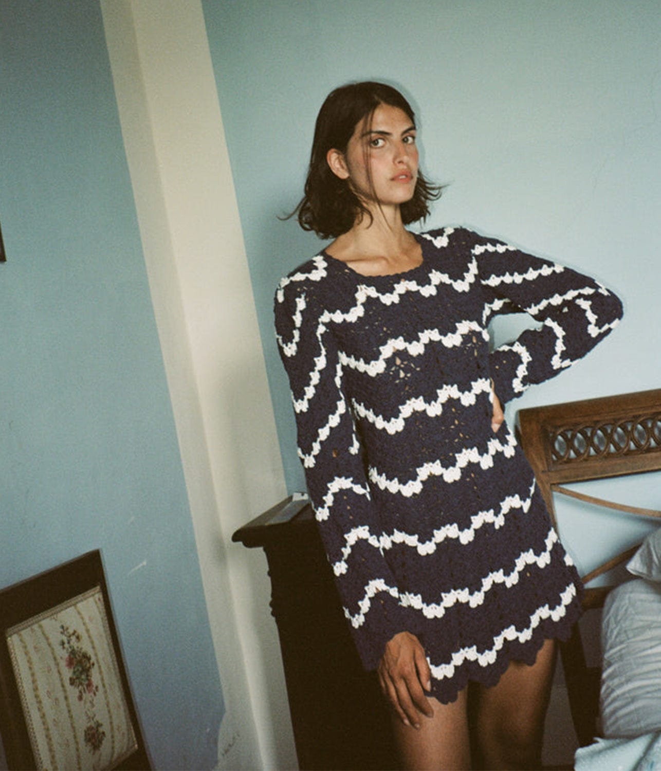 ALL THAT REMAINS SARA CROCHET DRESS- NAVY & WHITE