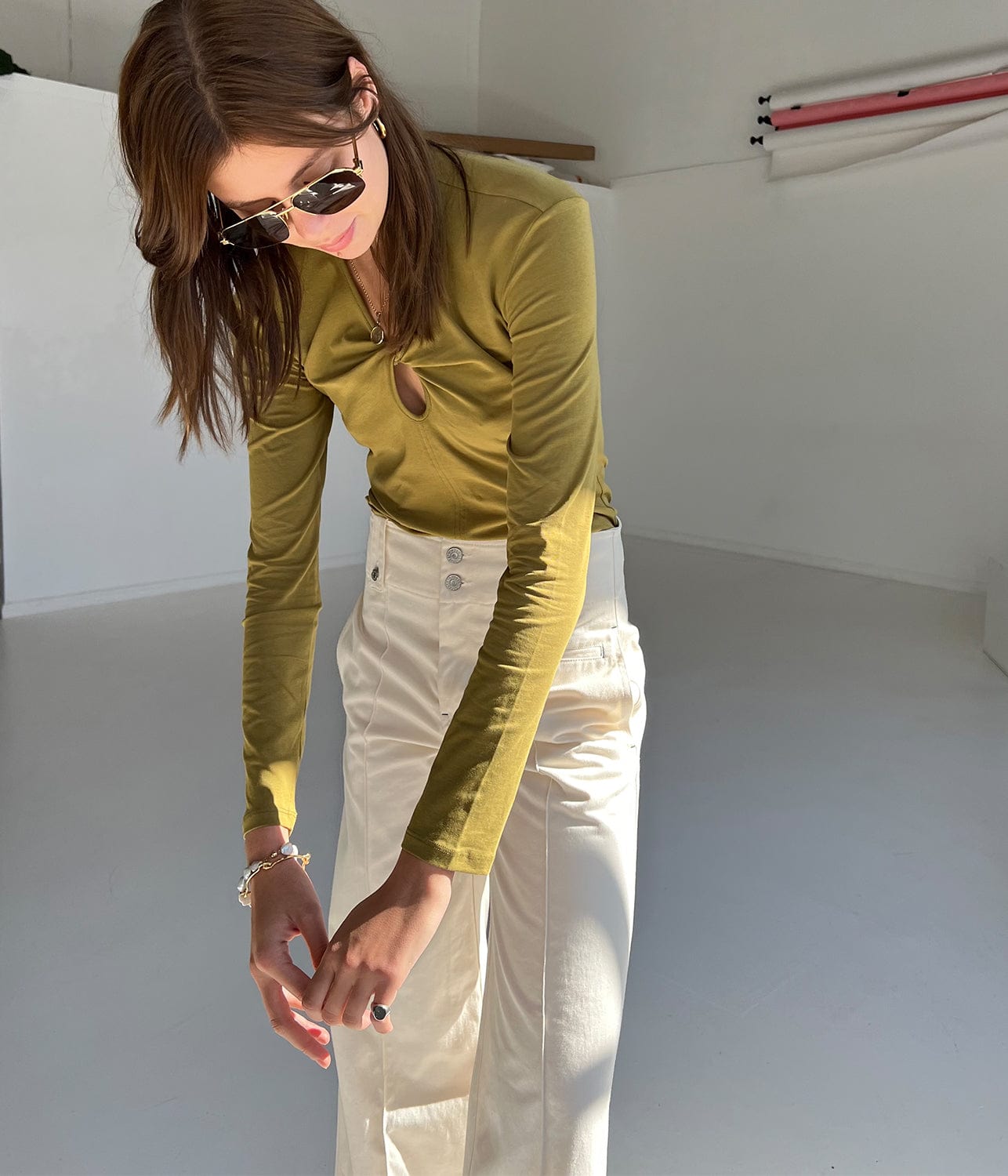 Proenza Schouler White Label Long Sleeve Jersey Keyhole Top Lime / 6 / WL2334392-JY086-320