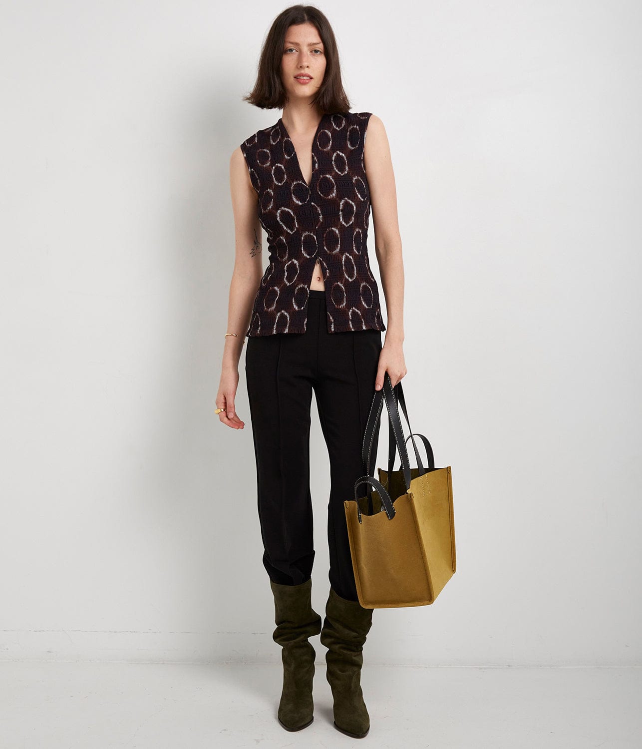 TIE DYE SMOCKED TOP-CHOCOLATE/WHITE | PROENZA SCHOULER WHITE LABEL | PROENZA SCHOULER WHITE LABEL TIE DYE SMOCKED TOP-CHOCOLATE/WHITE