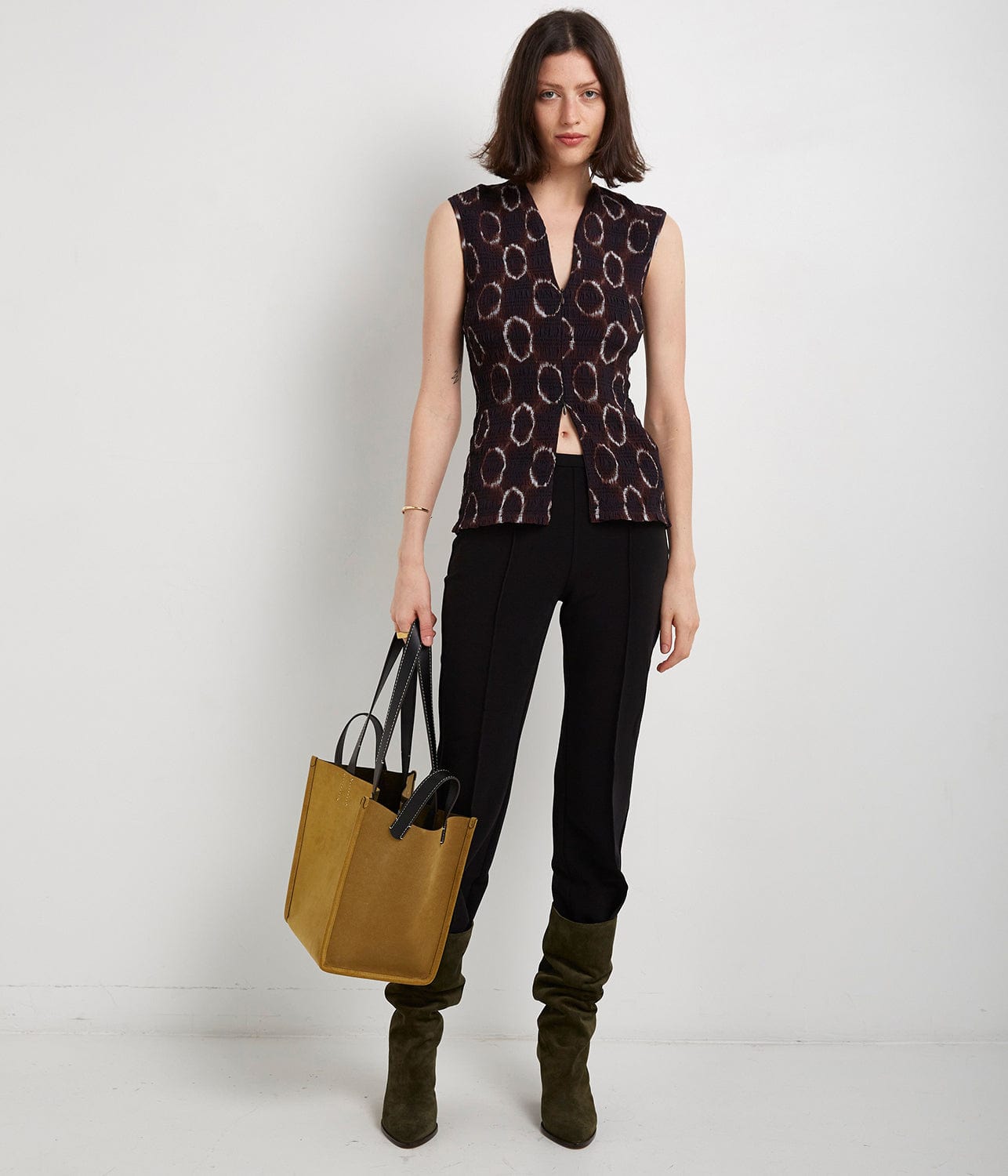TIE DYE SMOCKED TOP-CHOCOLATE/WHITE | PROENZA SCHOULER WHITE LABEL | PROENZA SCHOULER WHITE LABEL TIE DYE SMOCKED TOP-CHOCOLATE/WHITE