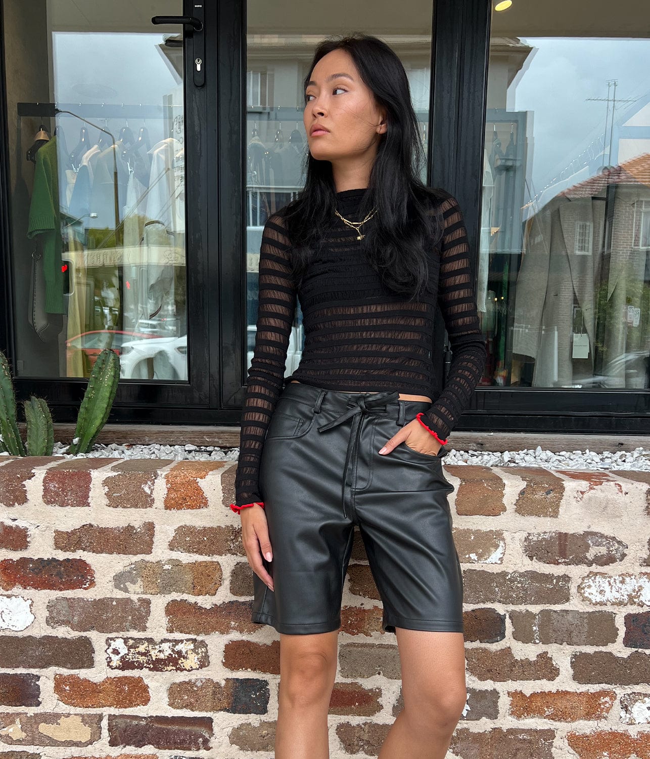 SHEER STRIPE SWEATER- BLACK/RED | PROENZA SCHOULER WHITE LABEL | PROENZA SCHOULER WHITE LABEL SHEER STRIPE SWEATER- BLACK/RED