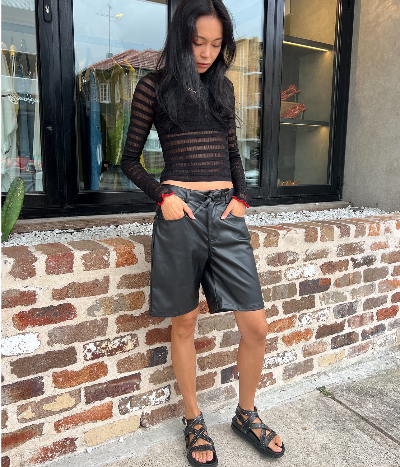 SHEER STRIPE SWEATER- BLACK/RED | PROENZA SCHOULER WHITE LABEL | PROENZA SCHOULER WHITE LABEL SHEER STRIPE SWEATER- BLACK/RED