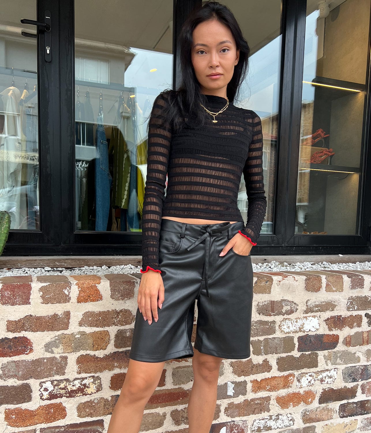SHEER STRIPE SWEATER- BLACK/RED | PROENZA SCHOULER WHITE LABEL | PROENZA SCHOULER WHITE LABEL SHEER STRIPE SWEATER- BLACK/RED