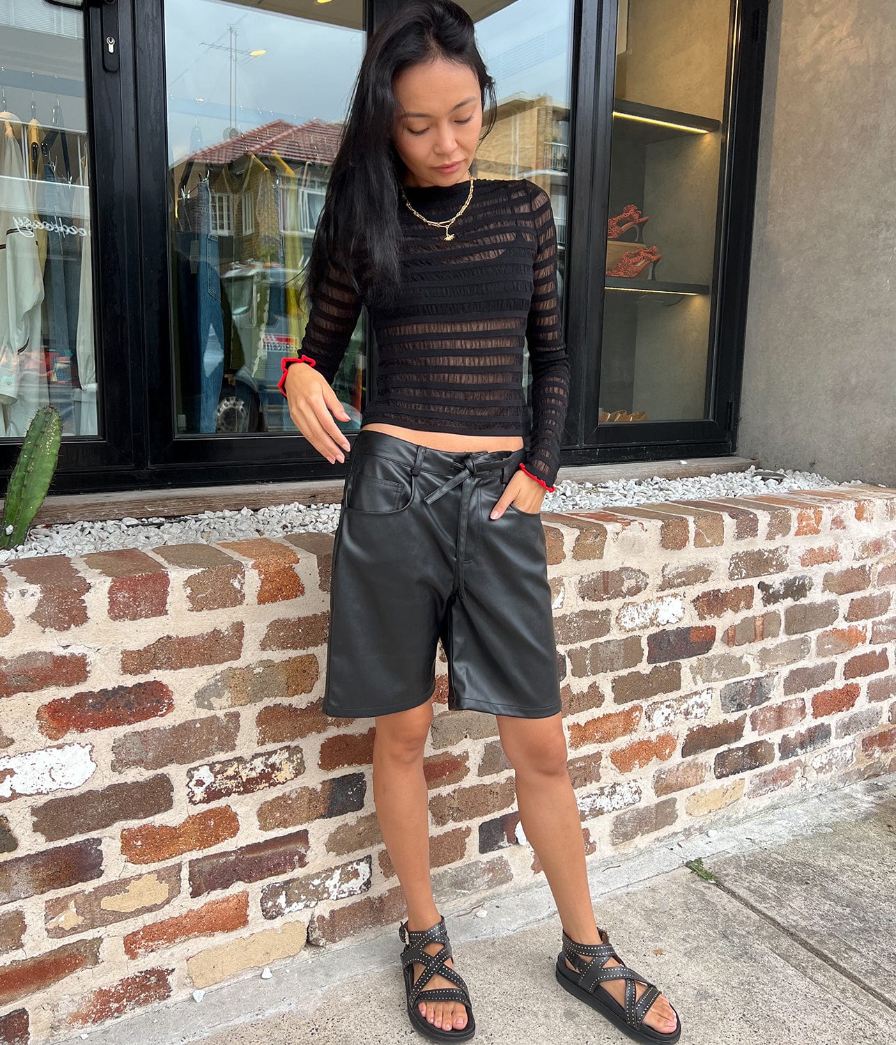 SHEER STRIPE SWEATER- BLACK/RED | PROENZA SCHOULER WHITE LABEL | PROENZA SCHOULER WHITE LABEL SHEER STRIPE SWEATER- BLACK/RED
