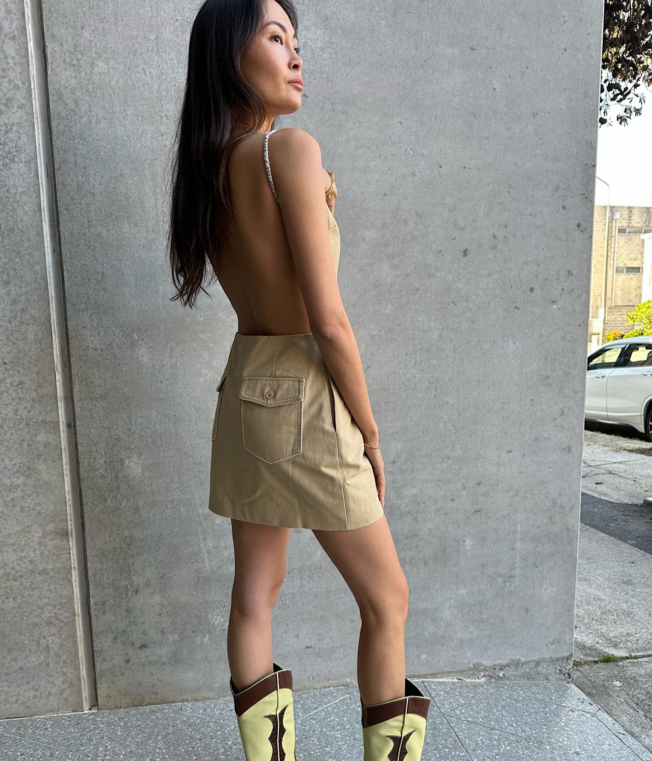 CARGO PINAFORE MINI DRESS- KHAKI | LUUDA | LUUDA CARGO PINAFORE MINI DRESS- KHAKI