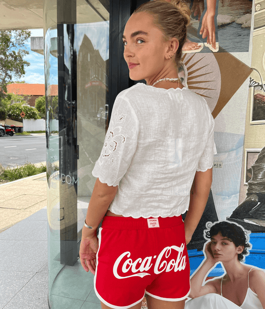 CLASSIC COKE SCALLOP SHORTS- RED | SOMETHING VERY SPECIAL |  SOMETHING VERY SPECIAL CLASSIC COKE SCALLOP SHORTS- RED