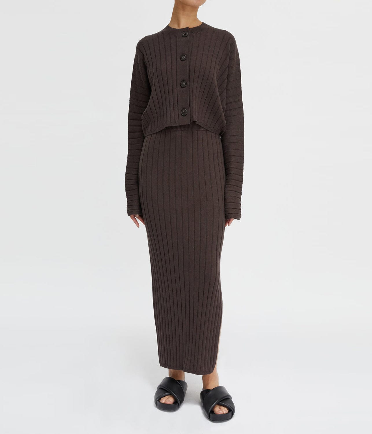 COTTON CASHMERE RIBBED CARDIGAN- CHOCOLATE | LEE MATHEWS |  LEE MATHEWS COTTON CASHMERE RIBBED CARDIGAN- CHOCOLATE
