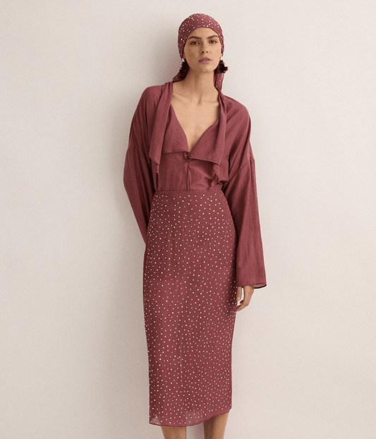 CRYSTAL EMBELLISHED SKIRT | PLUM | SJC  MADE FOR TRAVEL SJC MADE FOR TRAVEL CRYSTAL EMBELLISHED SKIRT | PLUM