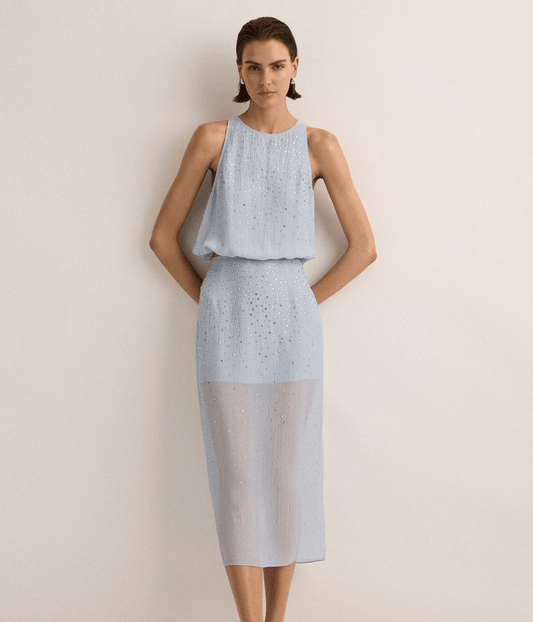 CRYSTAL EMBELLISHED SKIRT | SKY BLUE | SJC  MADE FOR TRAVEL SJC MADE FOR TRAVEL CRYSTAL EMBELLISHED SKIRT | SKY BLUE