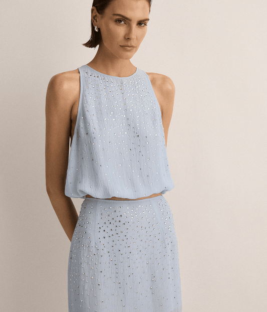 CRYSTAL EMBELLISHED SKIRT | SKY BLUE | SJC  MADE FOR TRAVEL SJC MADE FOR TRAVEL CRYSTAL EMBELLISHED SKIRT | SKY BLUE