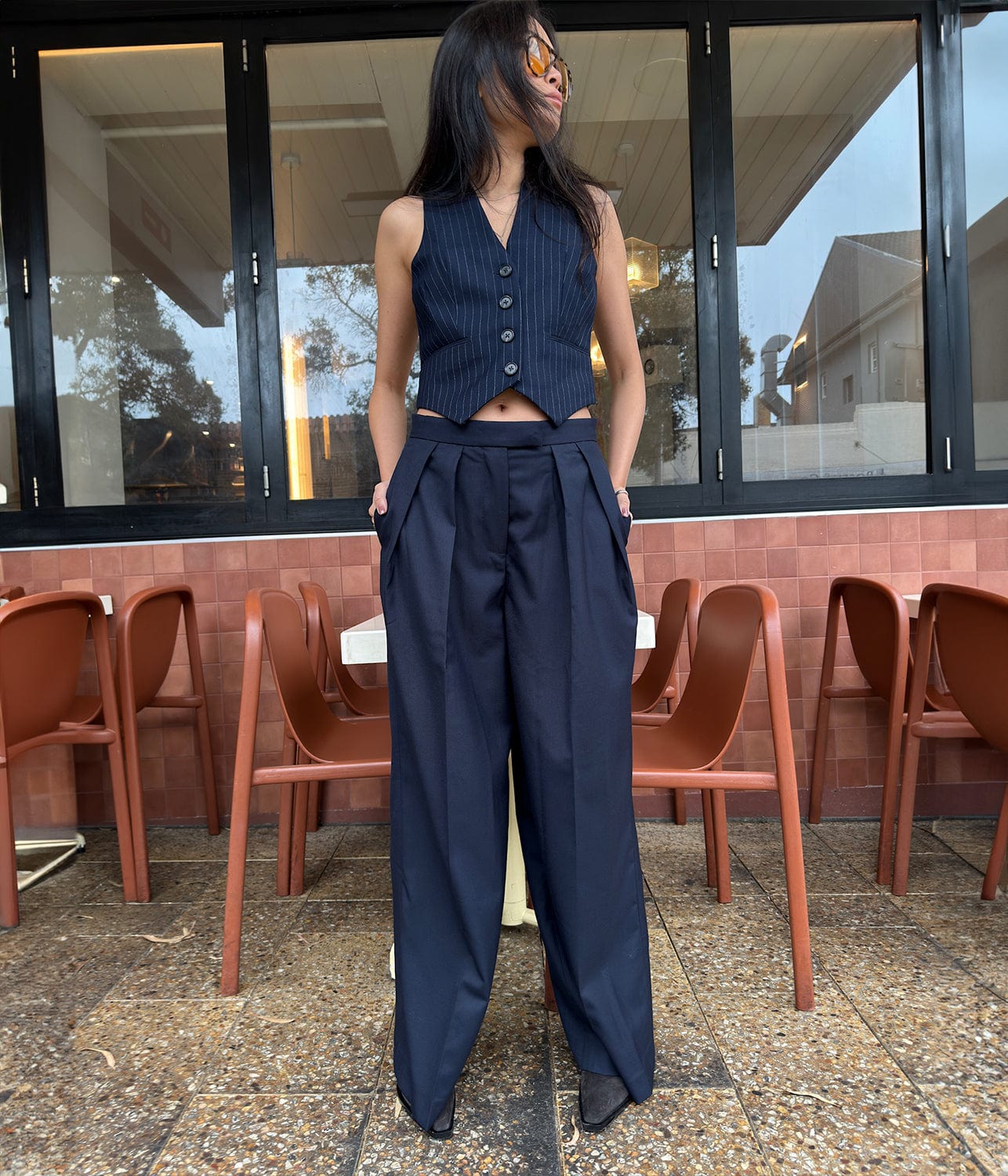 GEORG DOUBLE PLEAT WIDE PANT- NAVY | COURTNEY ZHENG |  COURTNEY ZHENG GEORG PLEAT PANT- NAVY