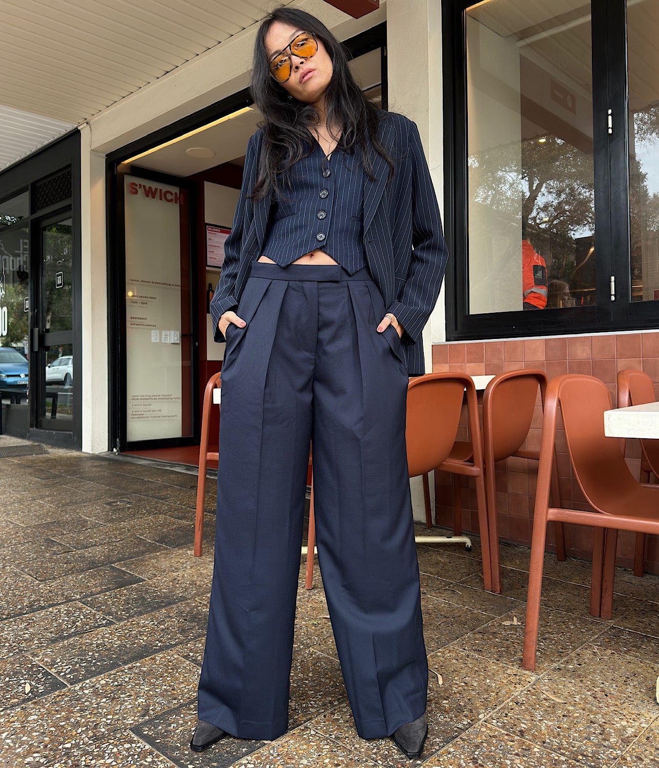 GEORG DOUBLE PLEAT WIDE PANT- NAVY | COURTNEY ZHENG |  COURTNEY ZHENG GEORG PLEAT PANT- NAVY